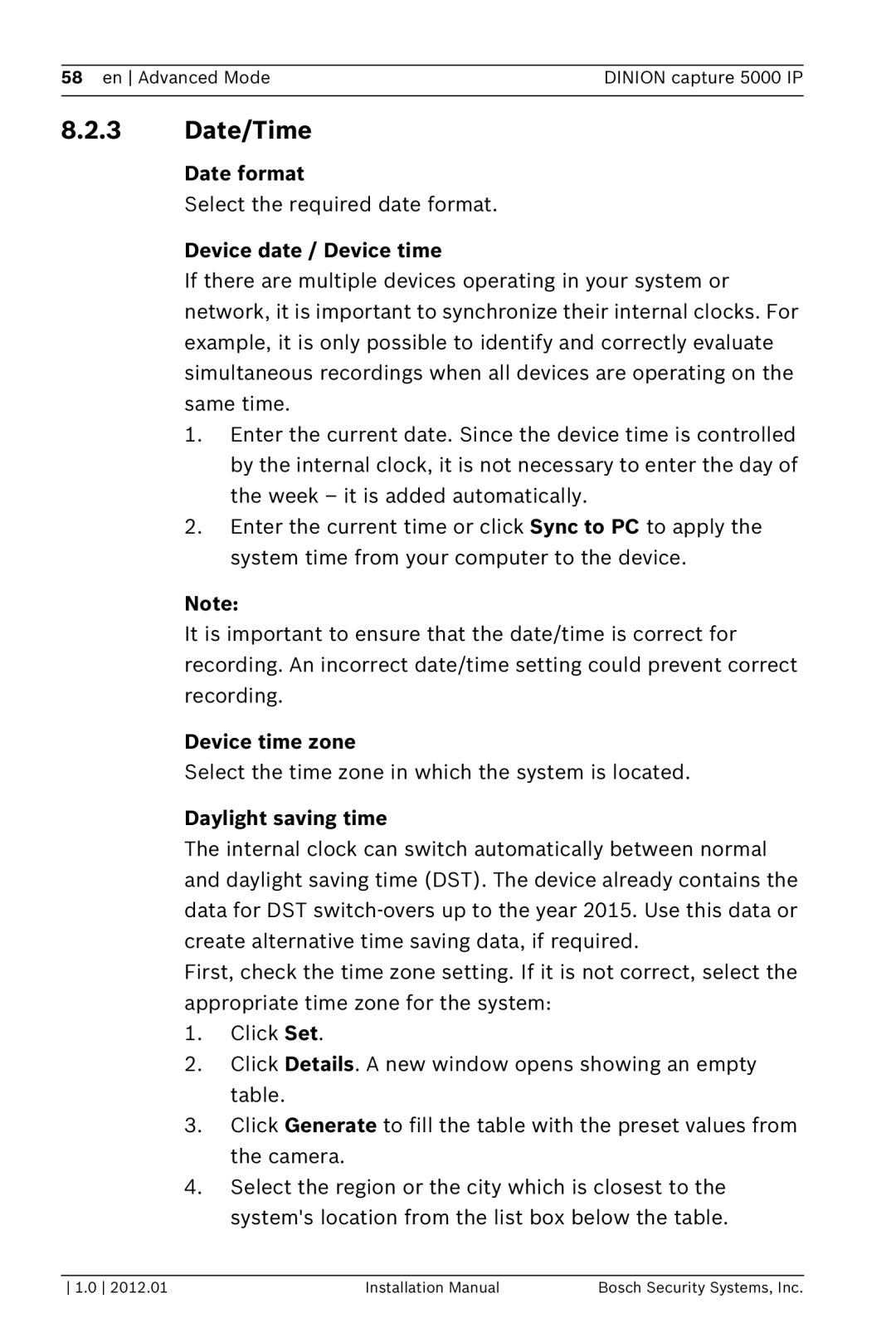 Bosch Appliances 5000 IP Date/Time, Date format, Device date / Device time, Device time zone, Daylight saving time 