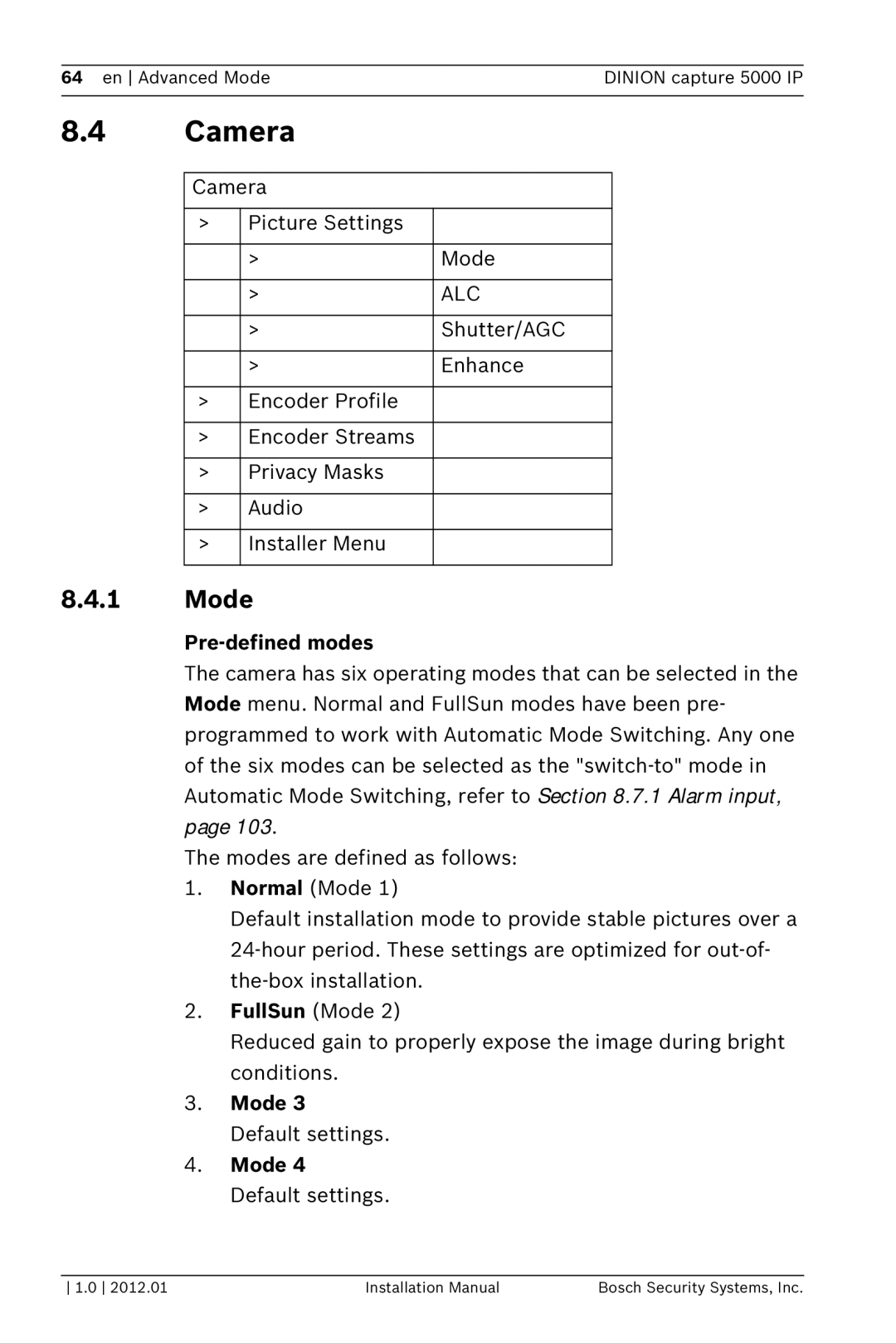 Bosch Appliances 5000 IP installation manual Camera, Mode, Pre-defined modes 