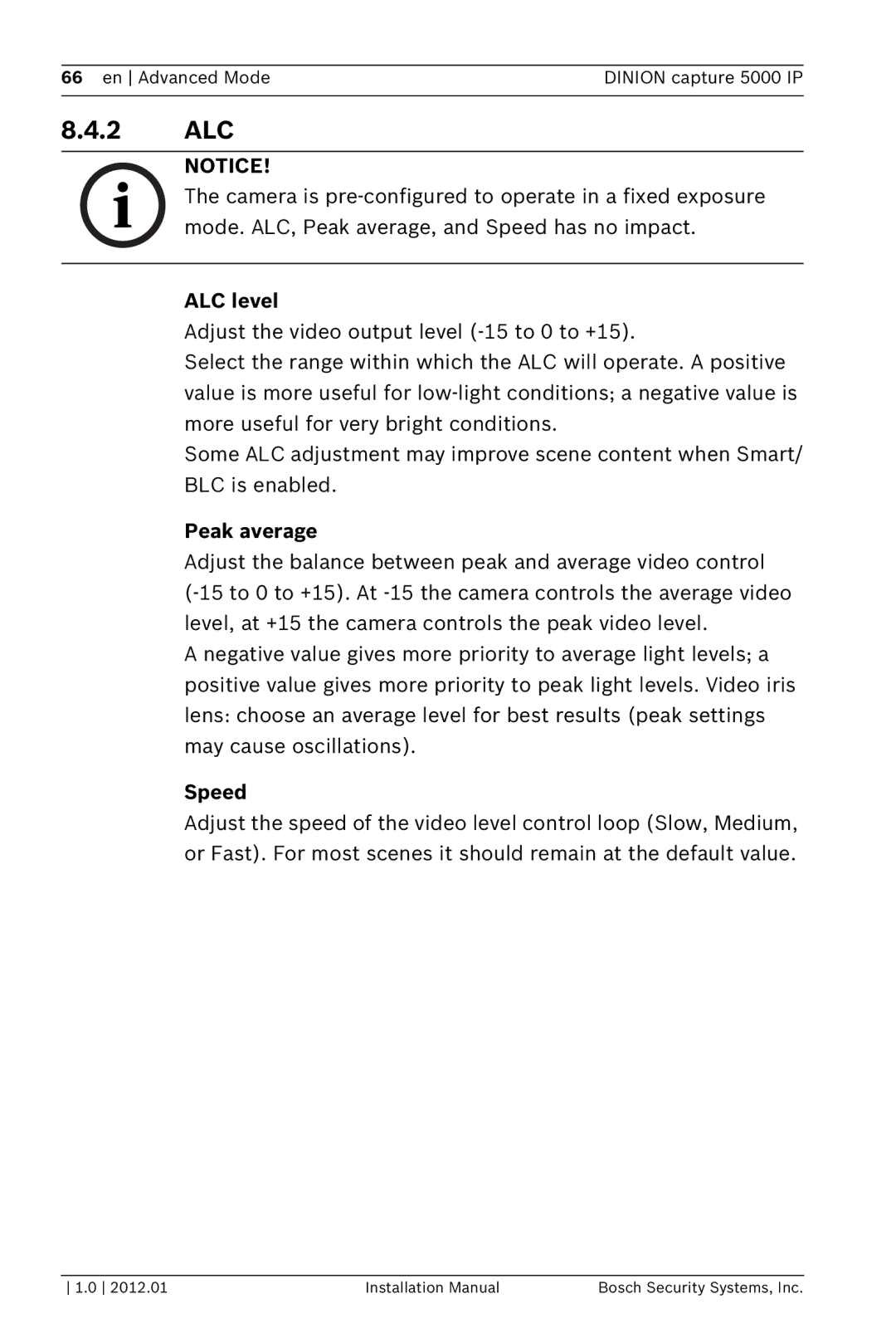 Bosch Appliances 5000 IP installation manual 2 ALC, ALC level, Peak average, Speed 