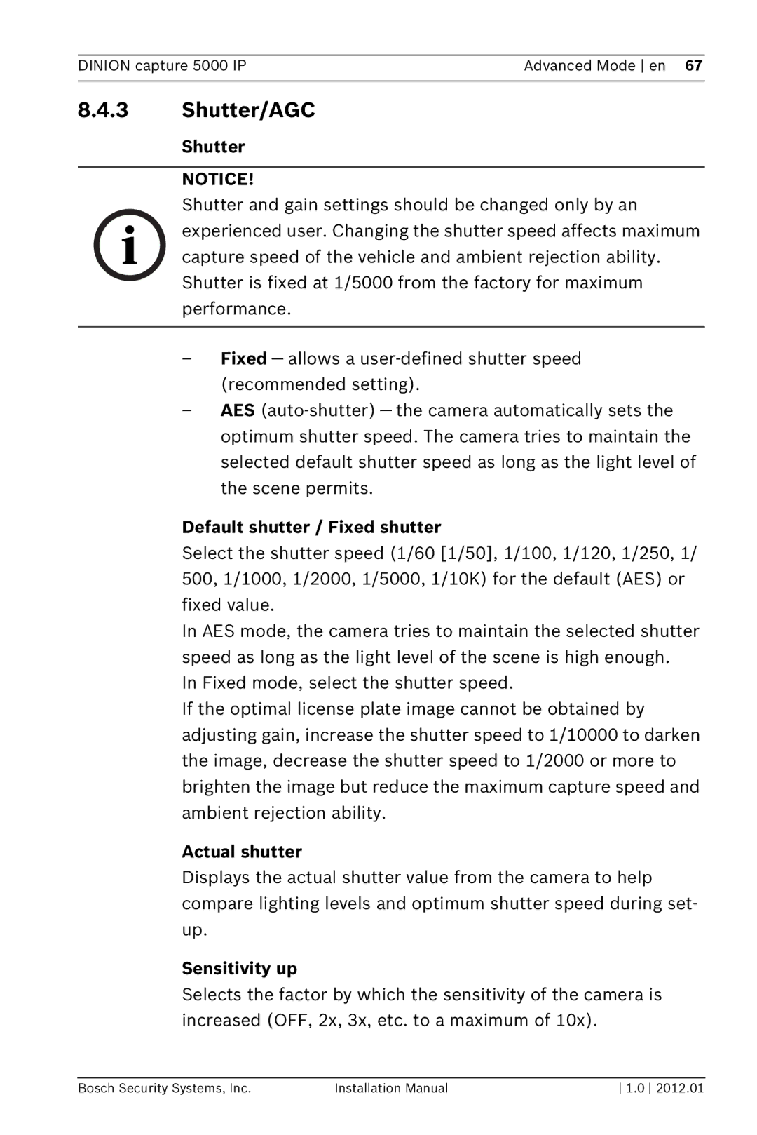 Bosch Appliances 5000 IP installation manual Shutter/AGC, Default shutter / Fixed shutter, Actual shutter, Sensitivity up 