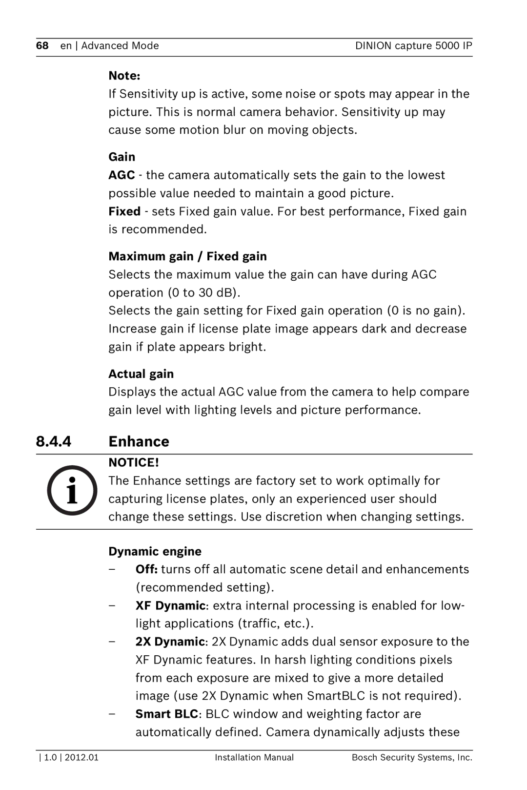 Bosch Appliances 5000 IP installation manual Enhance, Gain, Maximum gain / Fixed gain, Actual gain, Dynamic engine 