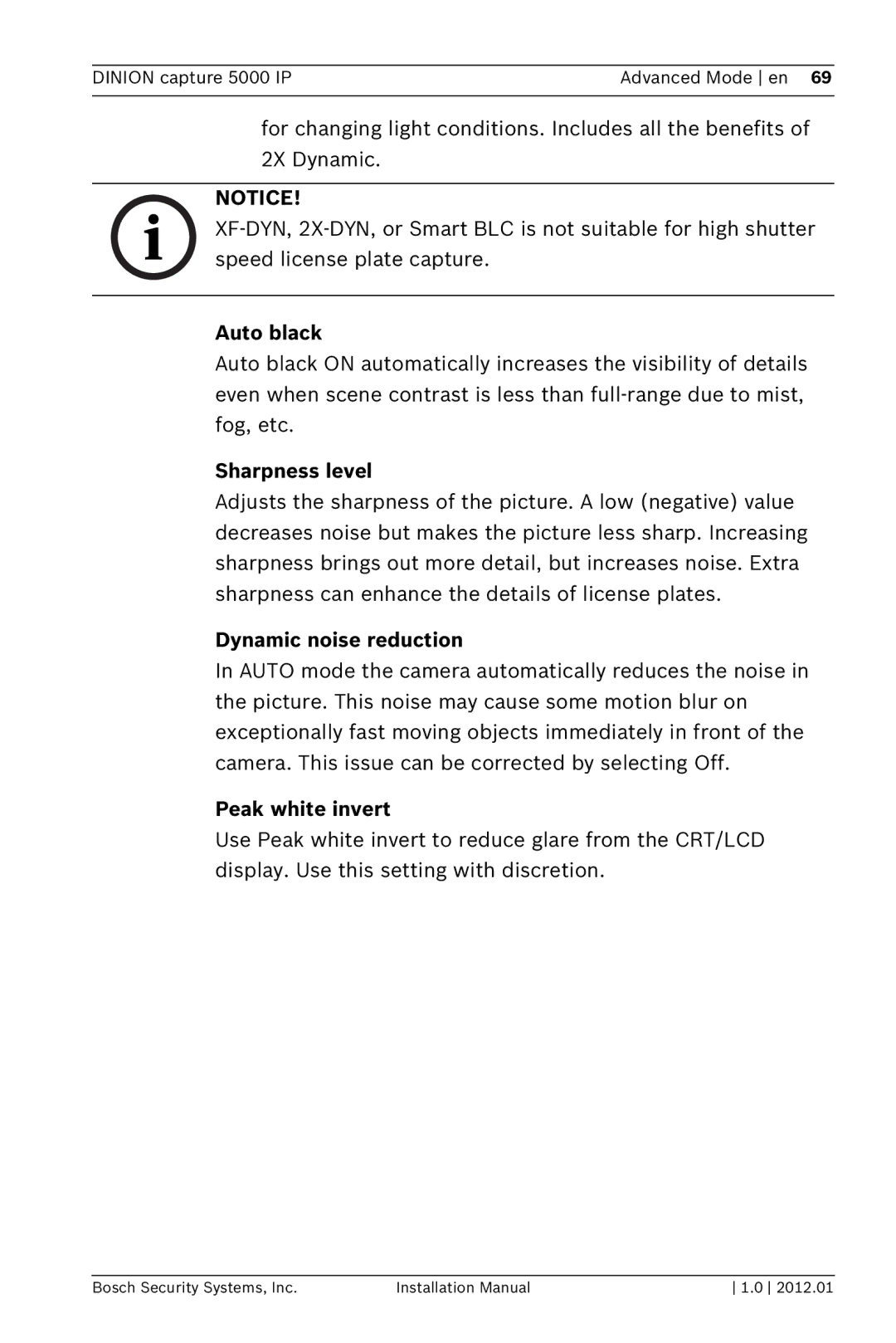 Bosch Appliances 5000 IP installation manual Auto black, Sharpness level, Dynamic noise reduction, Peak white invert 