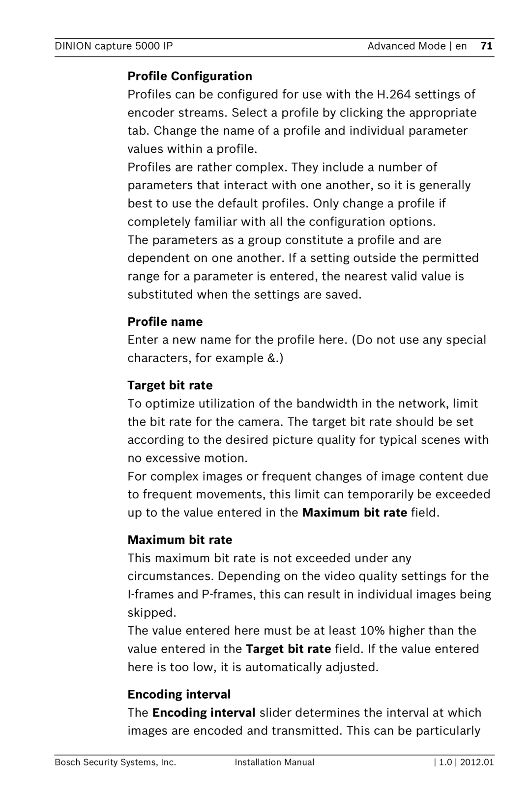 Bosch Appliances 5000 IP Profile Configuration, Profile name, Target bit rate, Maximum bit rate, Encoding interval 