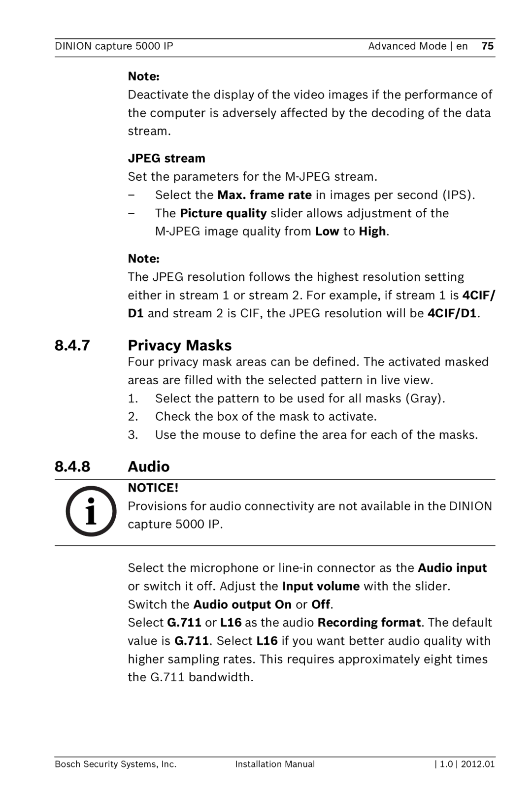 Bosch Appliances 5000 IP installation manual Privacy Masks, Audio, Jpeg stream 