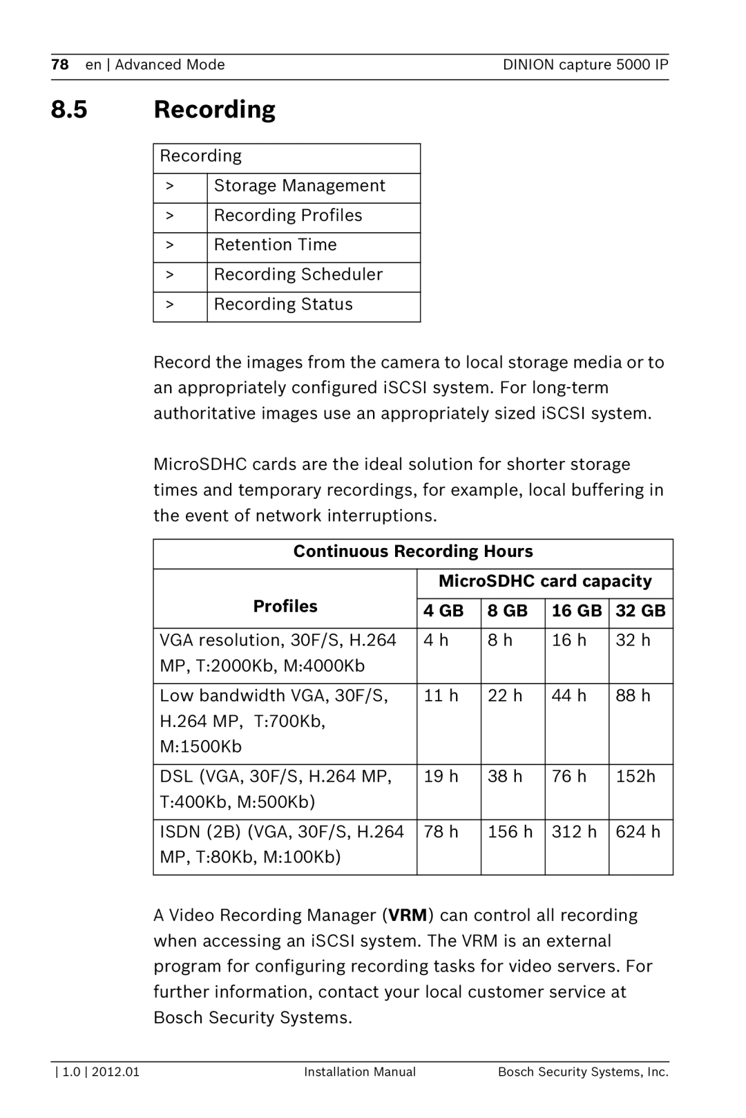 Bosch Appliances 5000 IP installation manual Recording 