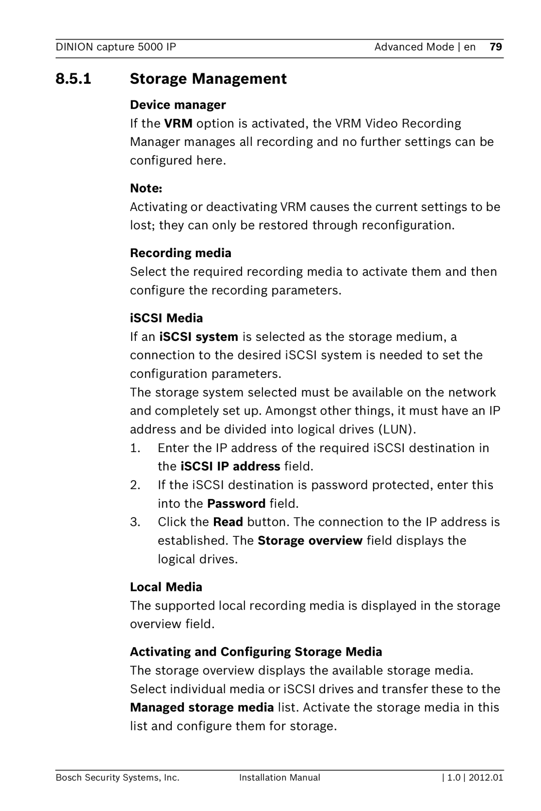 Bosch Appliances 5000 IP installation manual Storage Management 