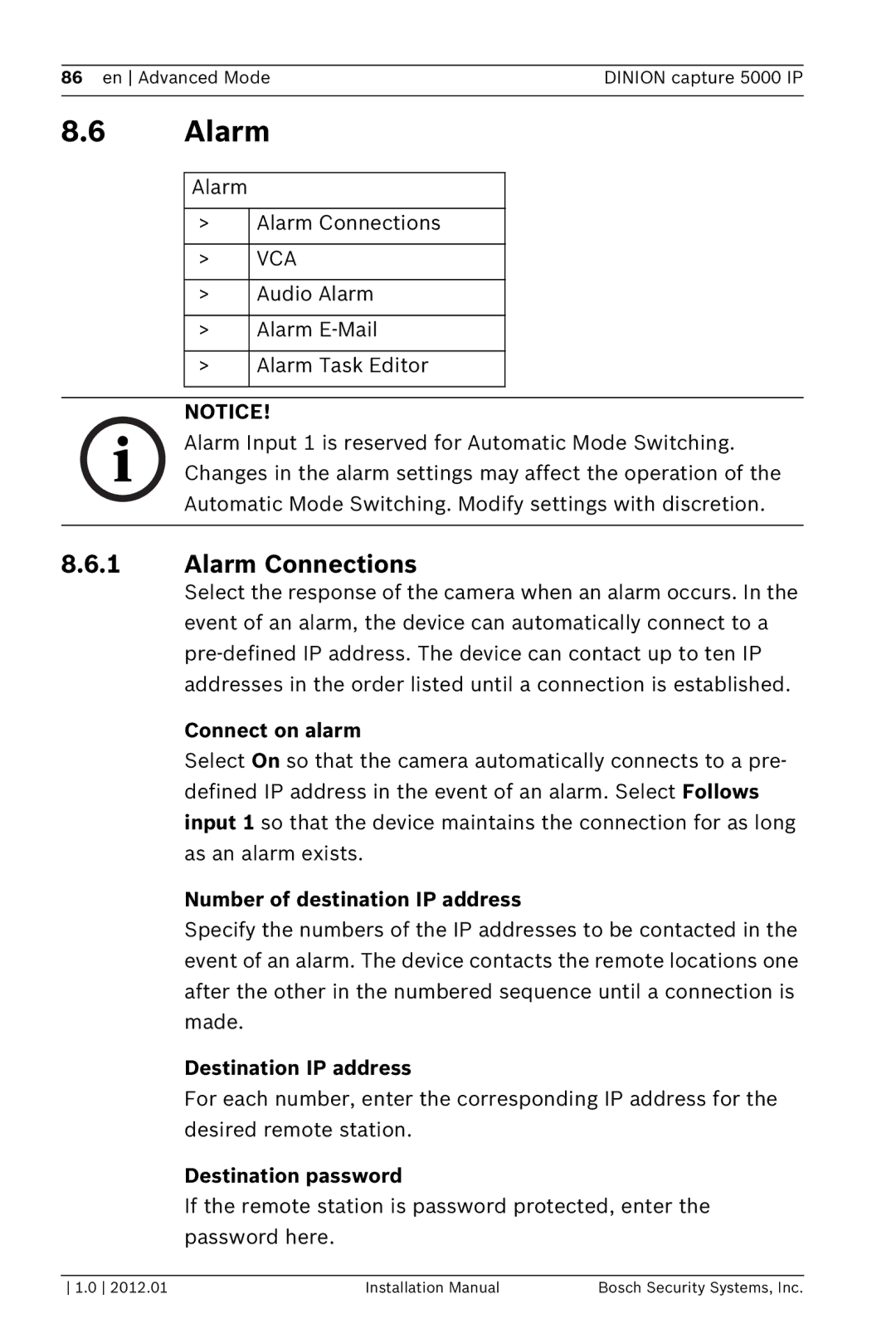 Bosch Appliances 5000 IP installation manual Alarm Connections 