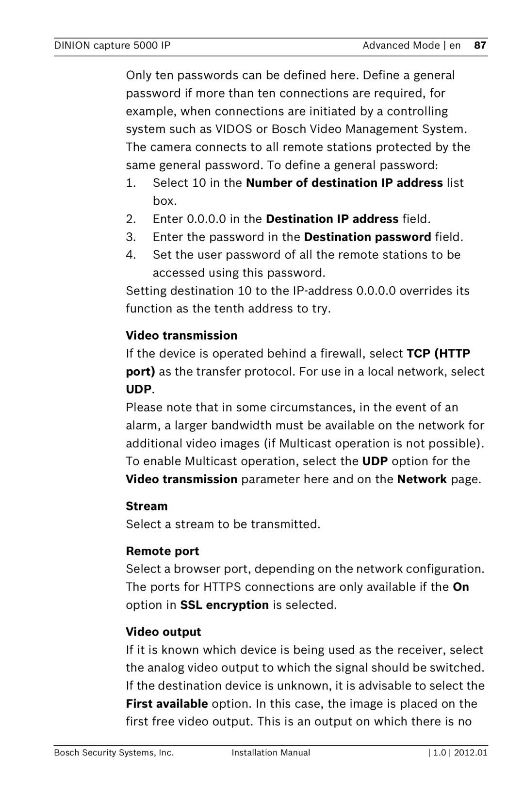 Bosch Appliances 5000 IP Select 10 in the Number of destination IP address list box, Video transmission, Stream 