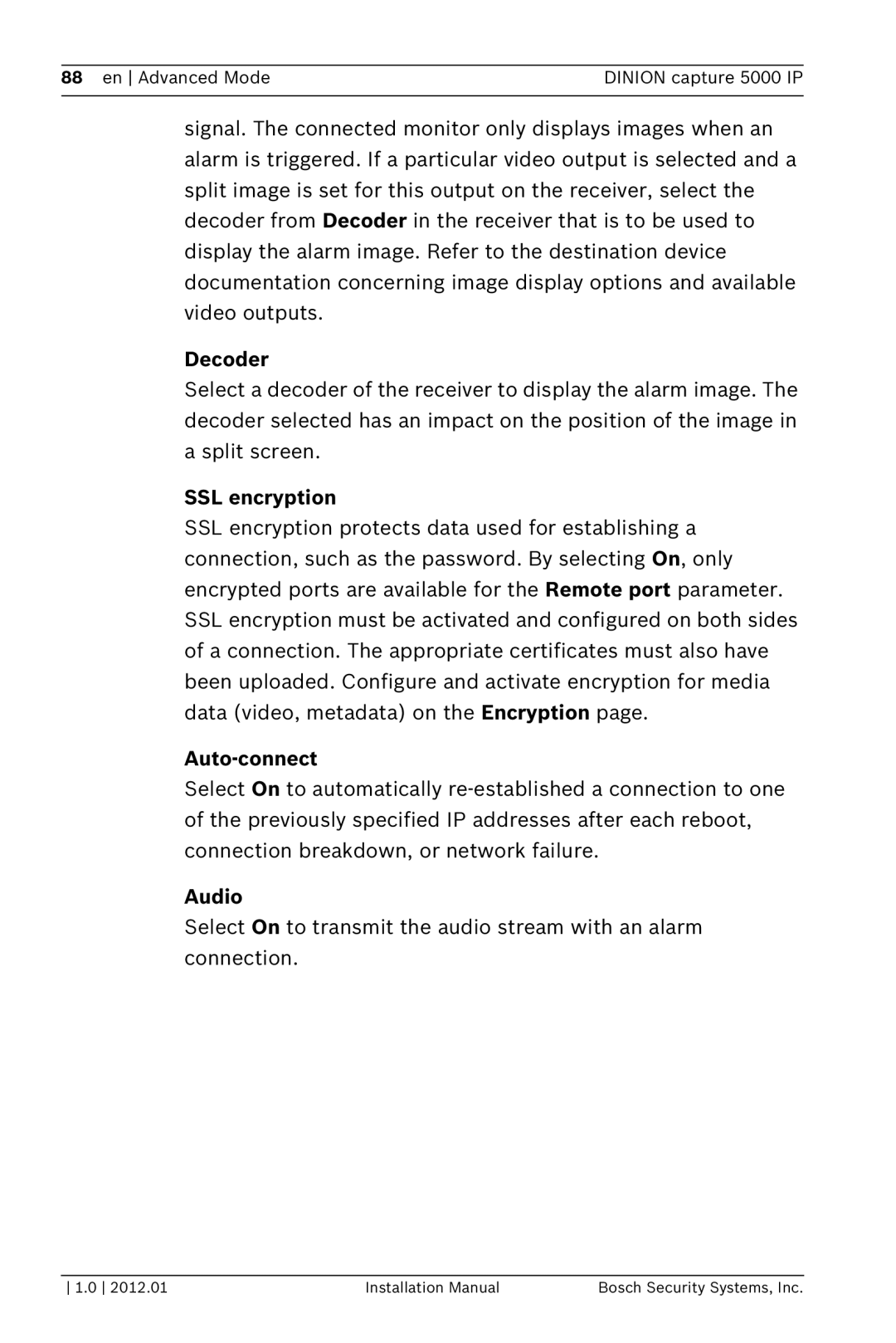 Bosch Appliances 5000 IP installation manual Decoder, SSL encryption, Auto-connect, Audio 