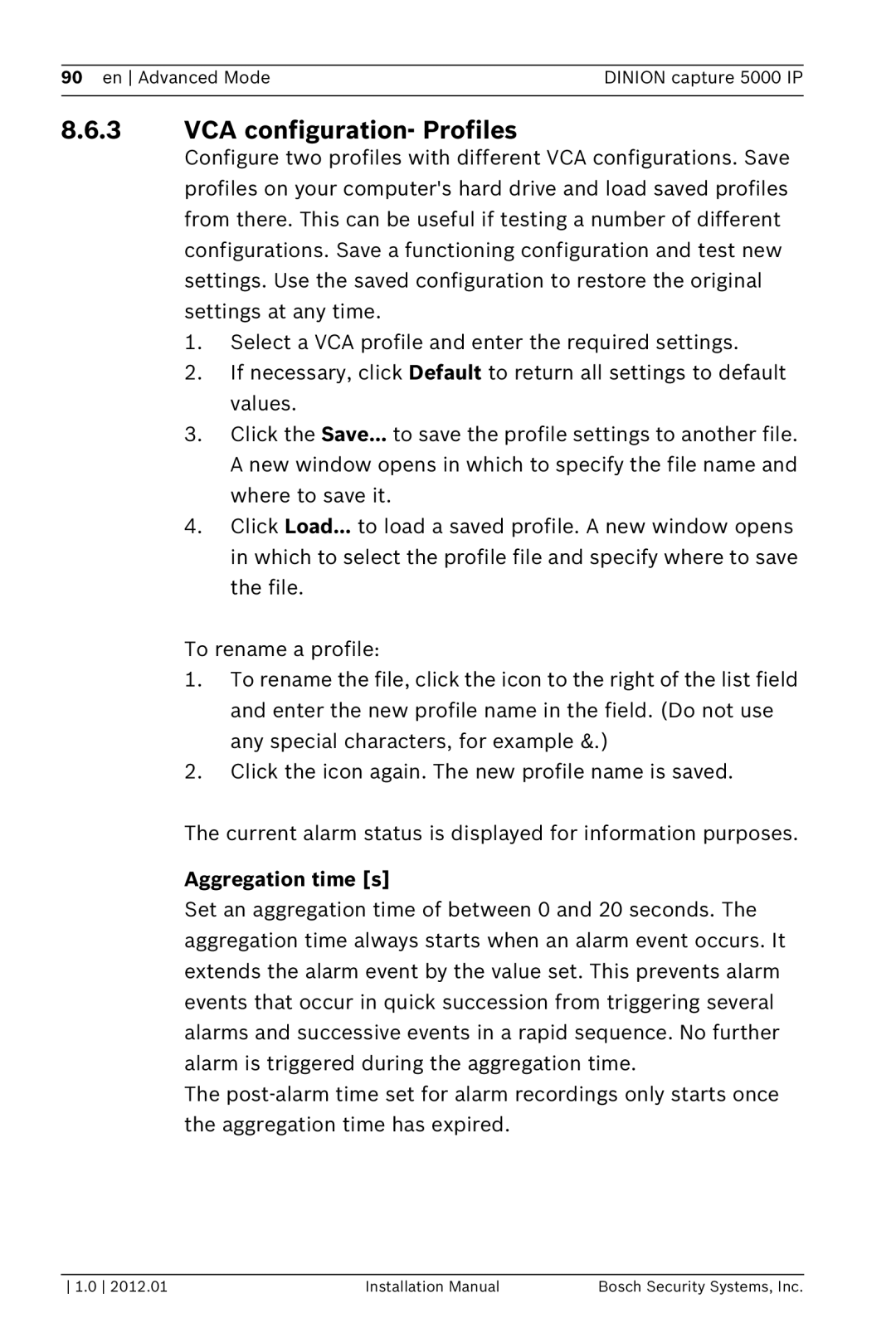 Bosch Appliances 5000 IP installation manual VCA configuration- Profiles, Aggregation time s 