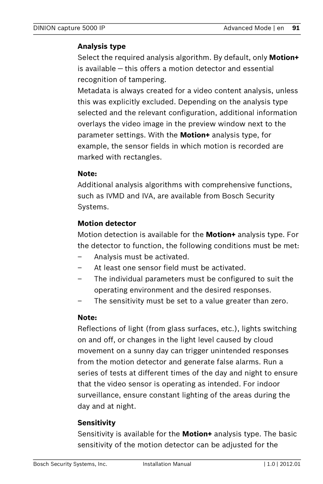 Bosch Appliances 5000 IP installation manual Analysis type, Motion detector, Sensitivity 