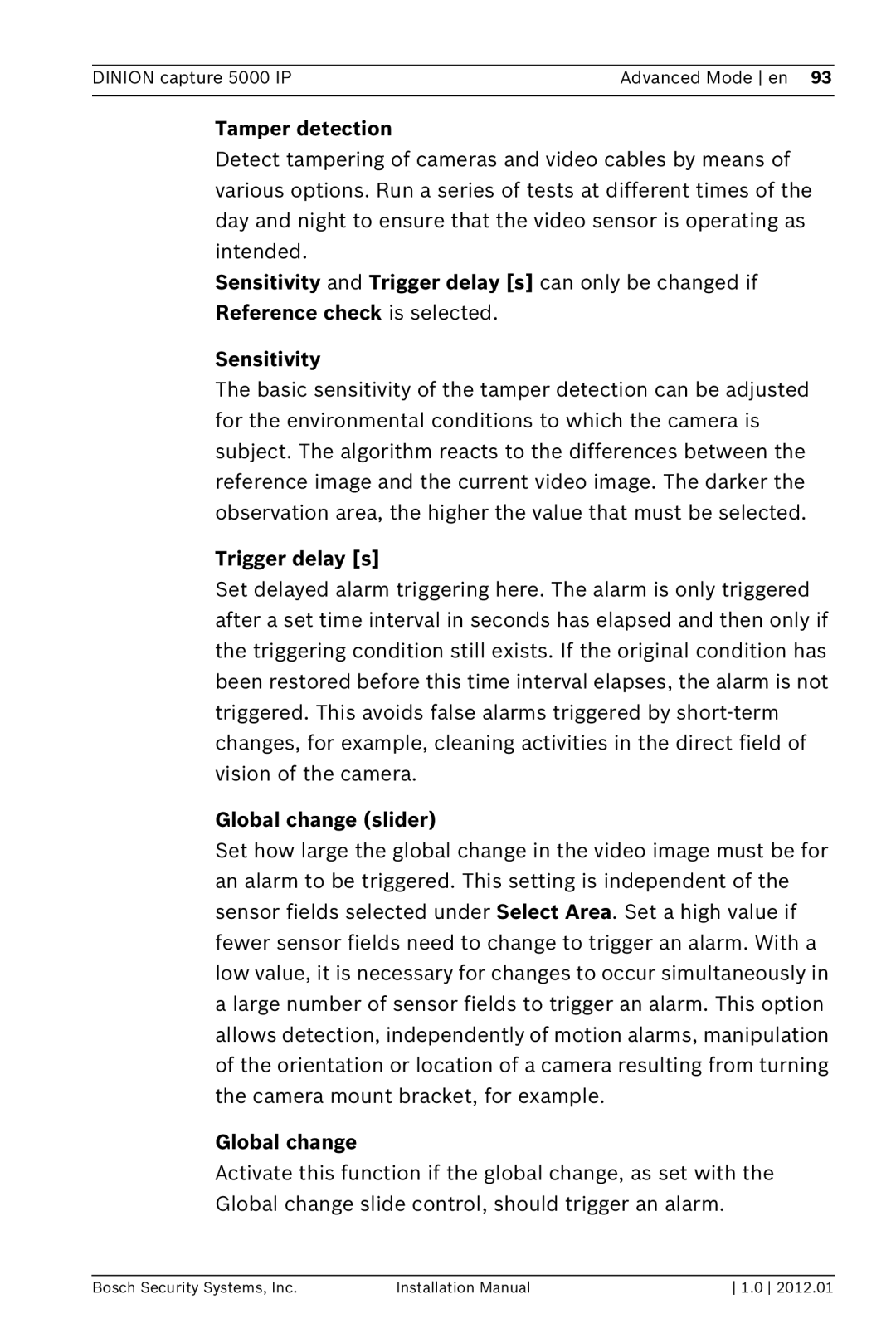 Bosch Appliances 5000 IP installation manual Tamper detection, Trigger delay s, Global change slider 