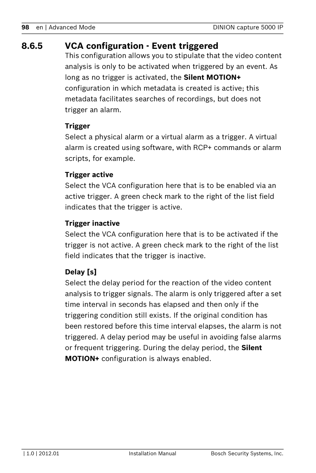 Bosch Appliances 5000 IP VCA configuration Event triggered, Trigger active, Trigger inactive, Delay s 