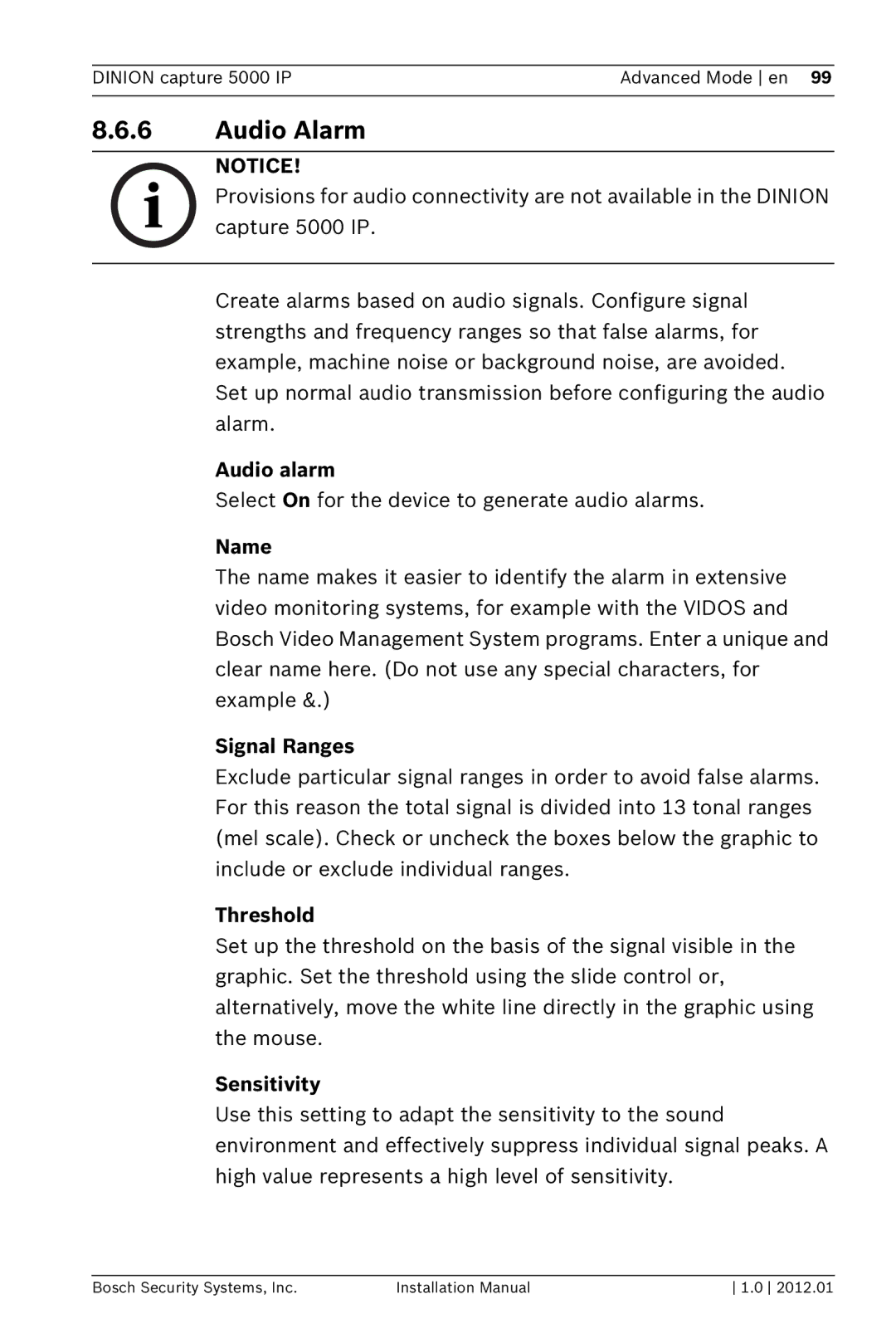 Bosch Appliances 5000 IP installation manual Audio Alarm, Audio alarm, Name, Signal Ranges, Threshold 