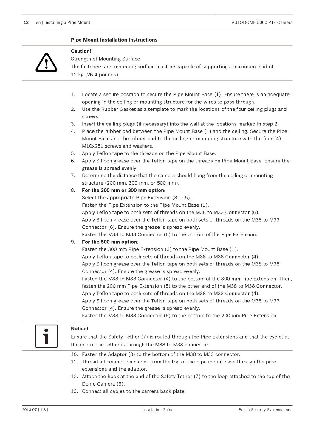 Bosch Appliances 5000 PTZ Pipe Mount Installation Instructions, For the 200 mm or 300 mm option, For the 500 mm option 