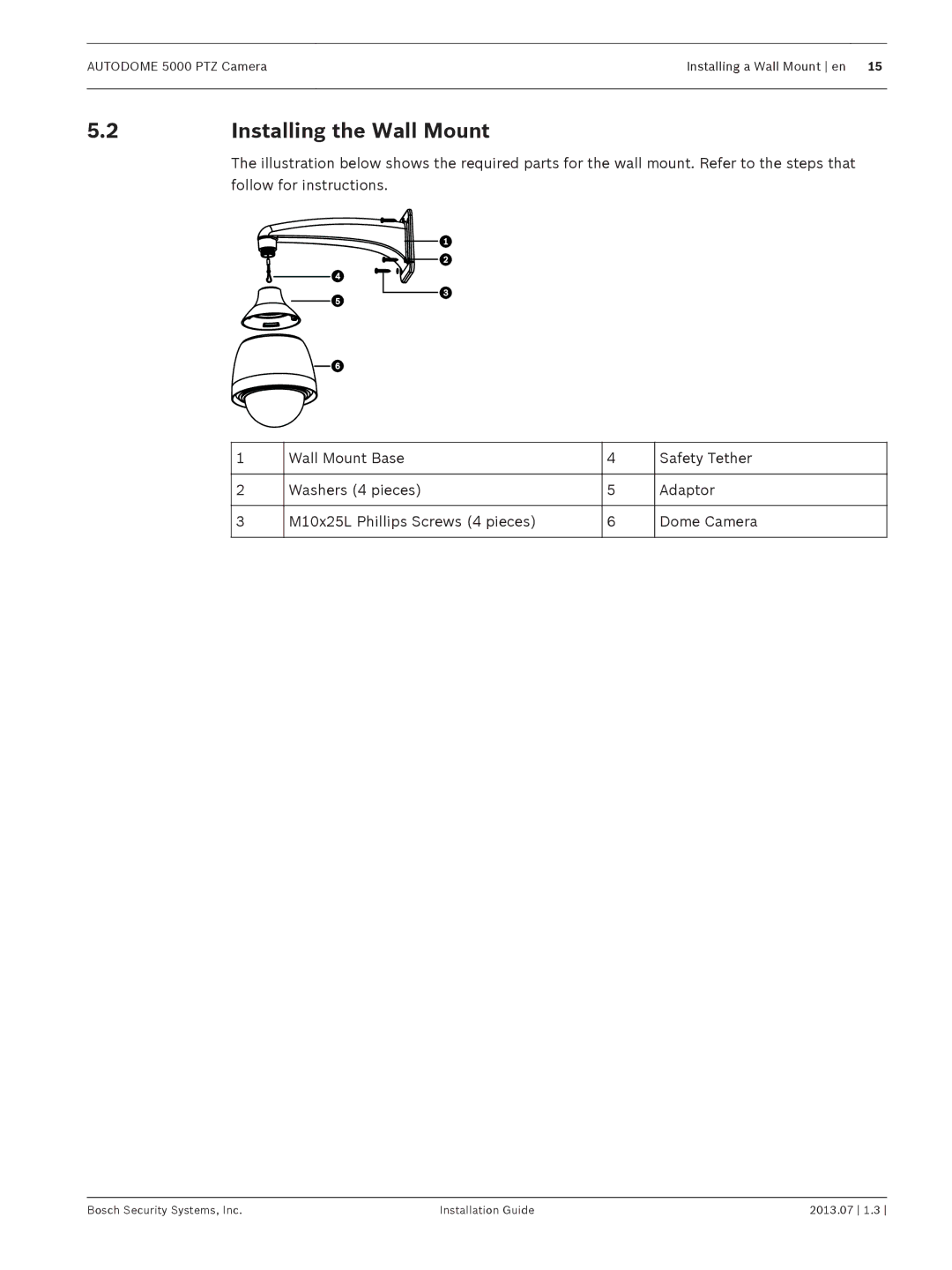 Bosch Appliances 5000 PTZ manual 2Installing the Wall Mount 