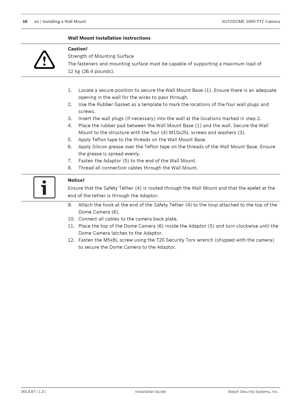 Bosch Appliances 5000 PTZ manual Wall Mount Installation Instructions 