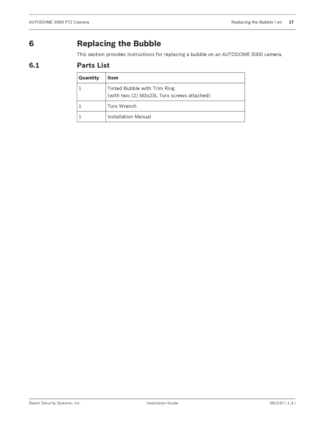 Bosch Appliances 5000 PTZ manual Replacing the Bubble, Parts List 