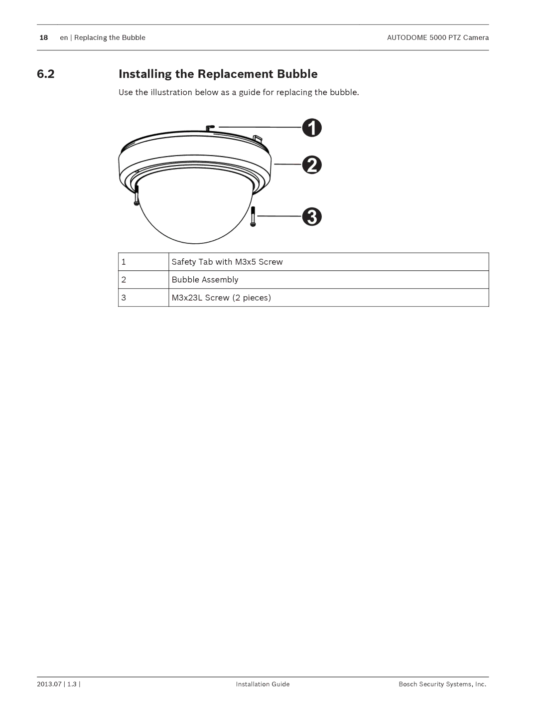 Bosch Appliances 5000 PTZ manual 2Installing the Replacement Bubble 