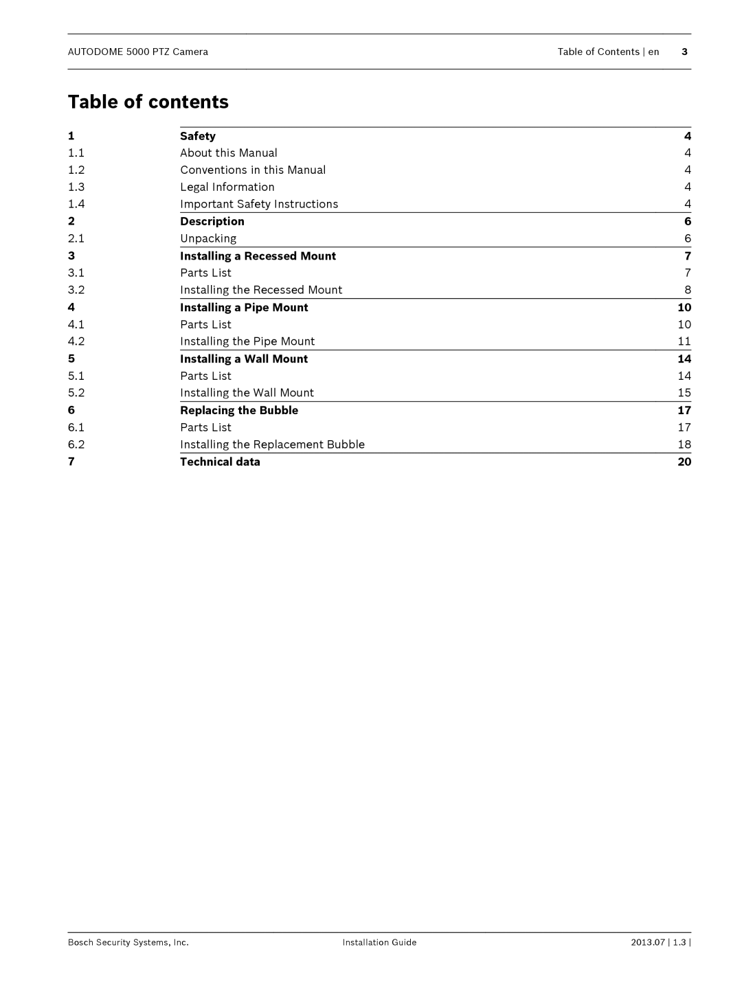 Bosch Appliances 5000 PTZ manual Table of contents 