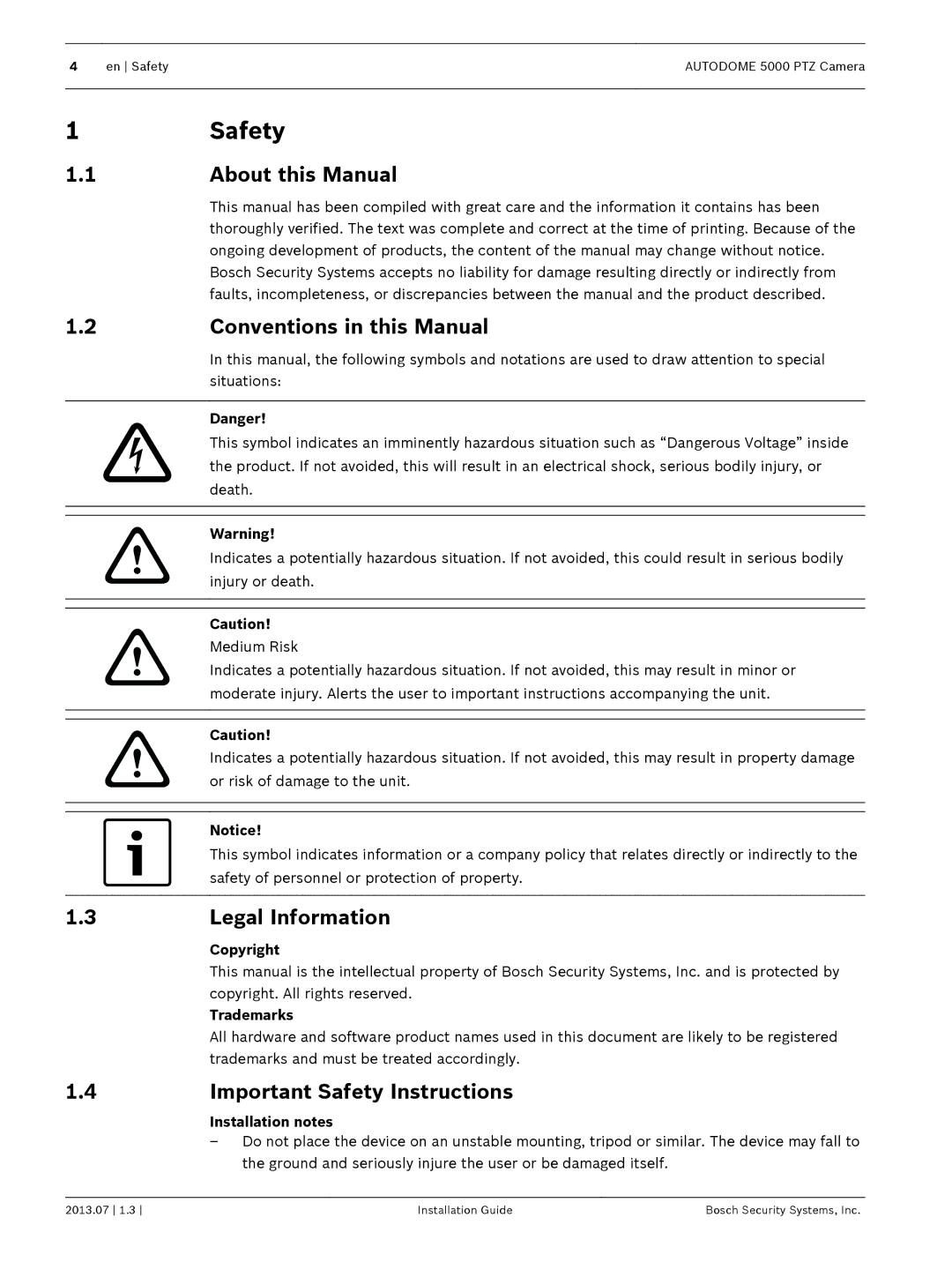 Bosch Appliances 5000 PTZ manual Safety, About this Manual, Conventions in this Manual, Legal Information 