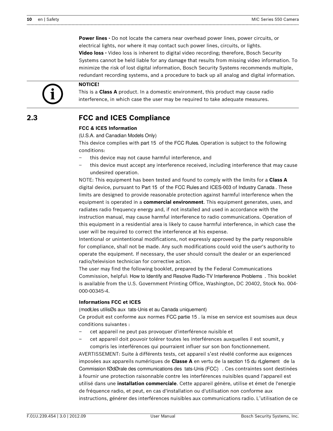 Bosch Appliances 550 user manual FCC and Ices Compliance, FCC & Ices Information, Informations FCC et Ices 