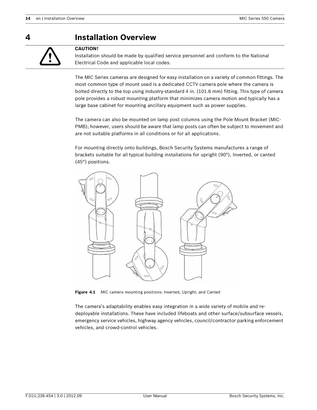 Bosch Appliances 550 user manual Installation Overview, MIC camera mounting positions Inverted, Upright, and Canted 