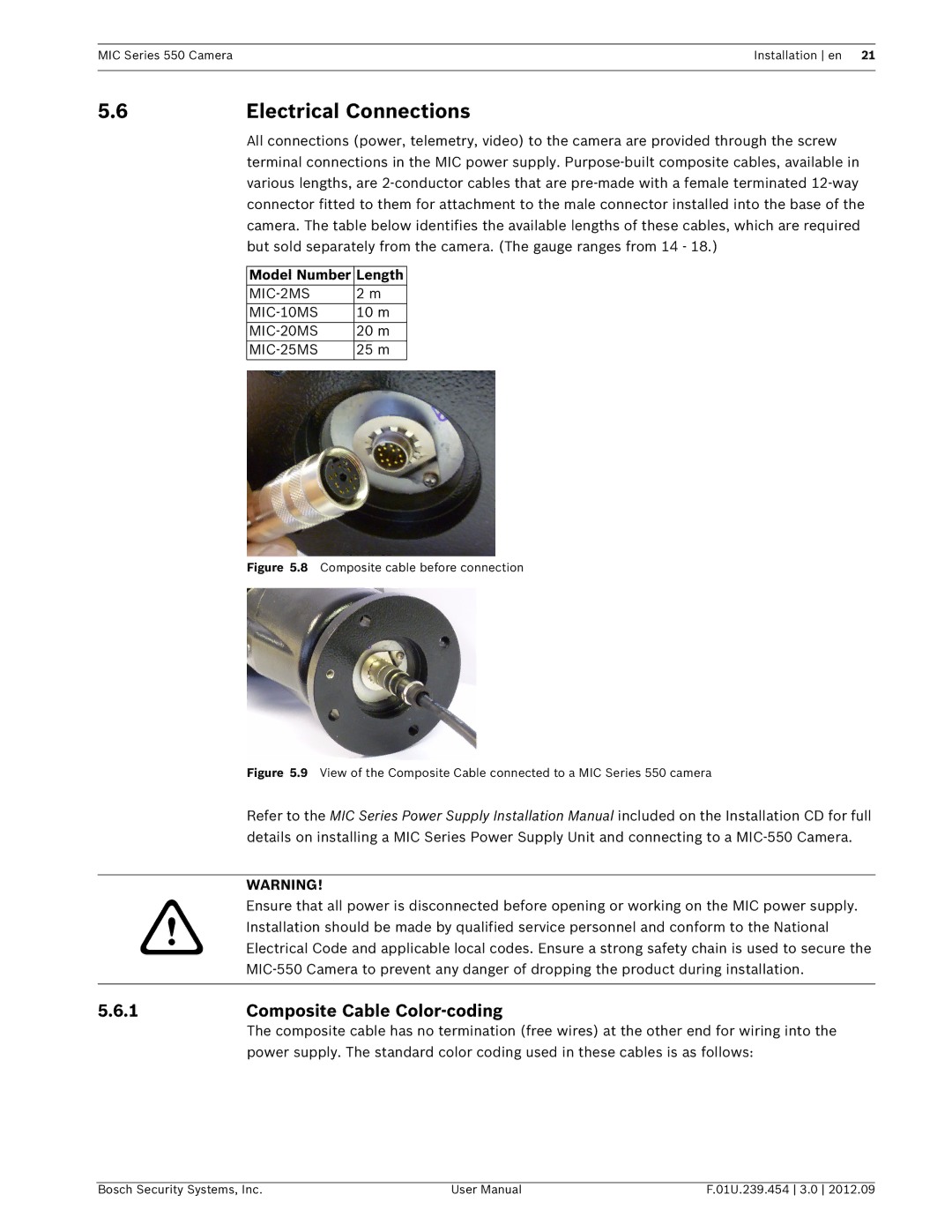 Bosch Appliances 550 user manual 6Electrical Connections, Composite Cable Color-coding, Model Number Length 