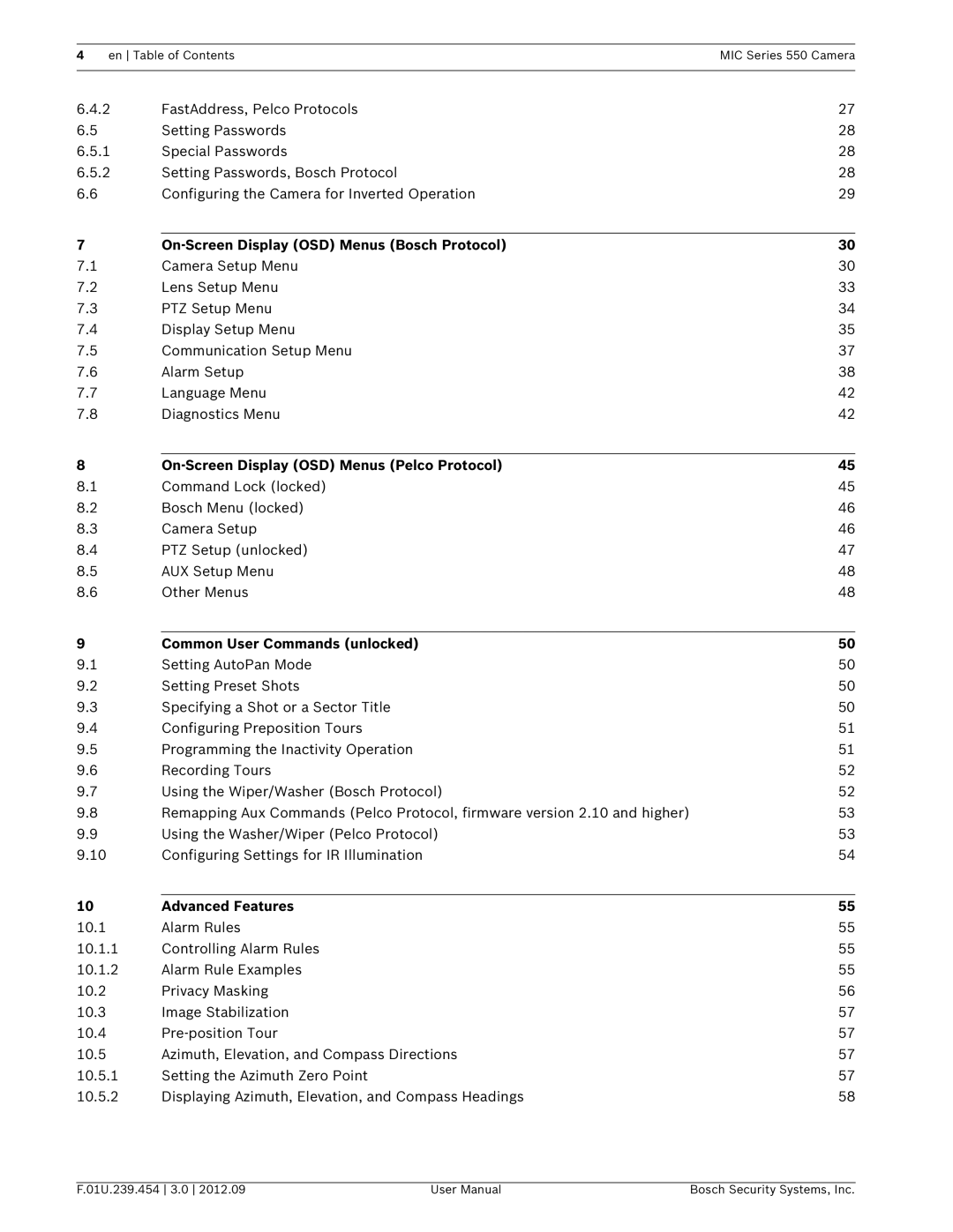 Bosch Appliances 550 user manual On-Screen Display OSD Menus Bosch Protocol, On-Screen Display OSD Menus Pelco Protocol 