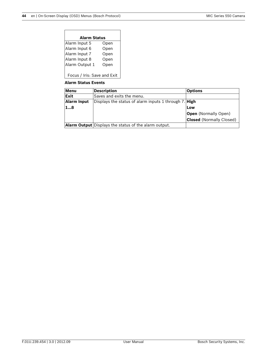 Bosch Appliances 550 user manual Alarm Status Events Menu Description Options Exit, Alarm Input, High, Low, Alarm Output 