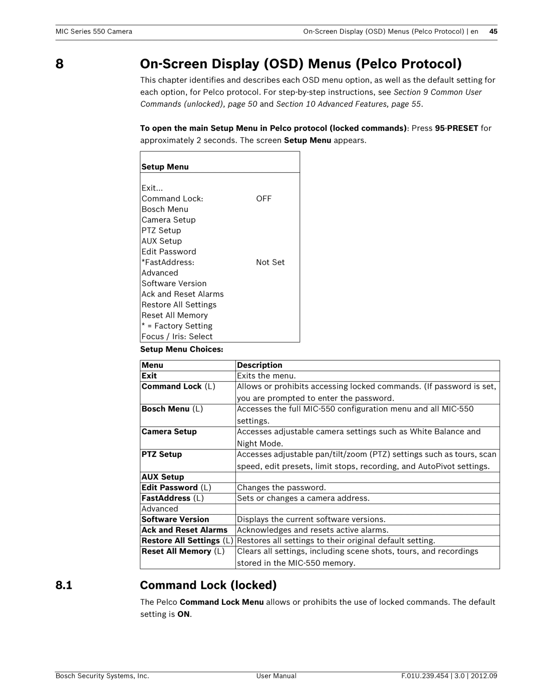 Bosch Appliances 550 user manual On-Screen Display OSD Menus Pelco Protocol, Command Lock locked 