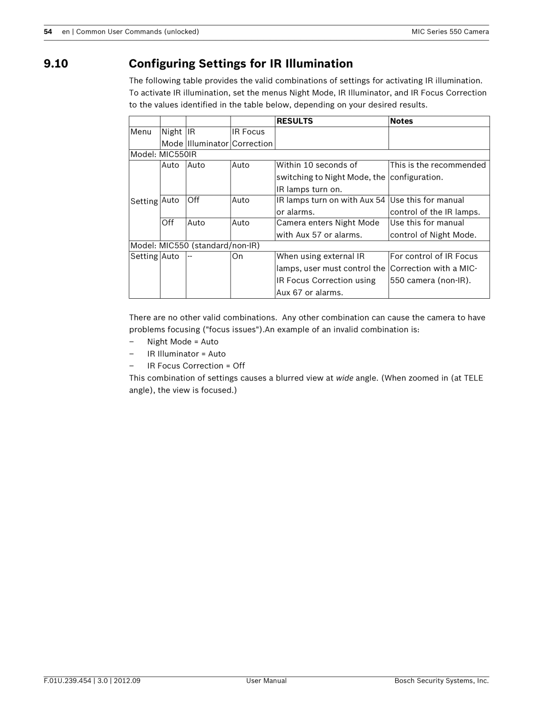 Bosch Appliances 550 user manual Configuring Settings for IR Illumination, Results 