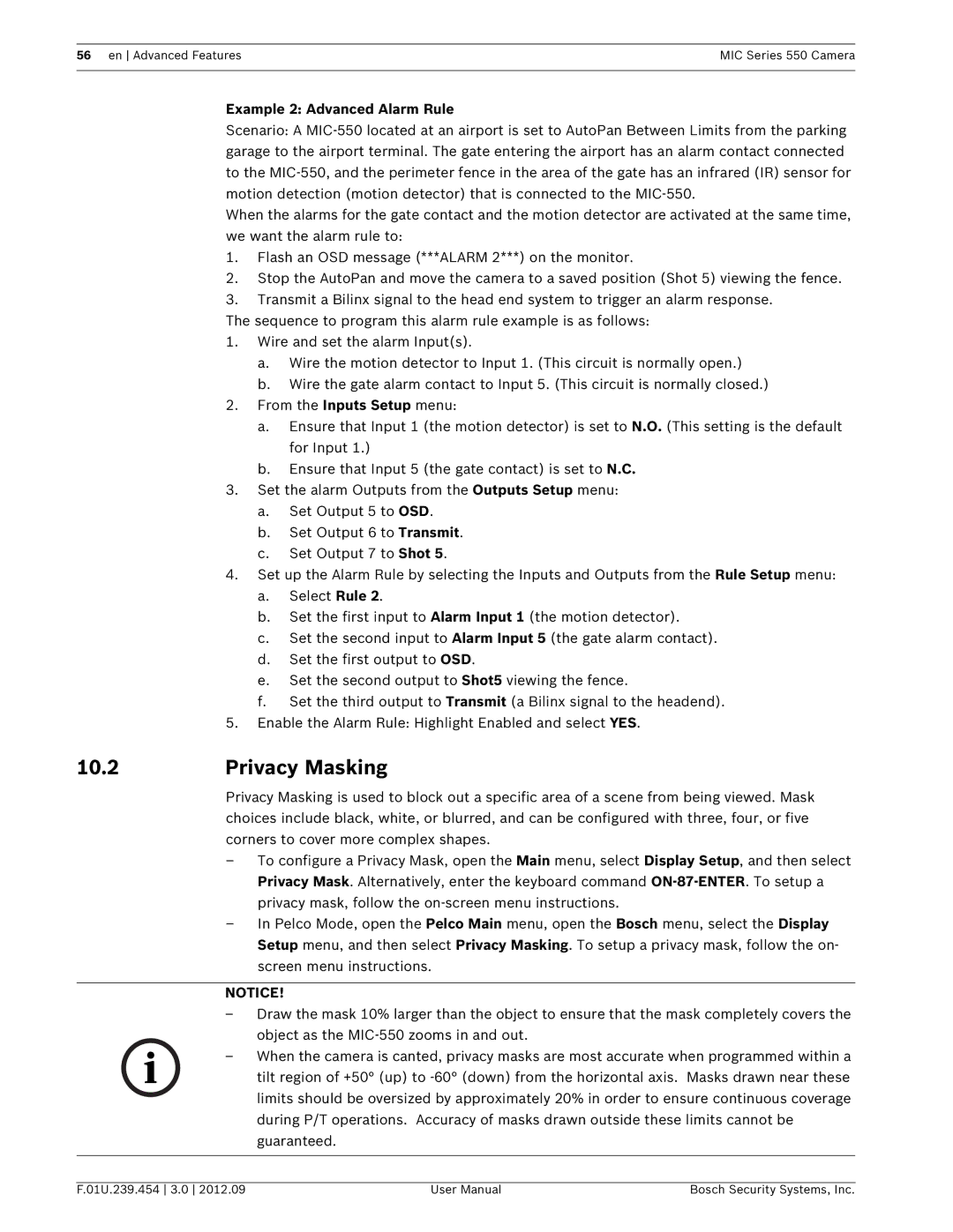 Bosch Appliances 550 user manual Privacy Masking, Example 2 Advanced Alarm Rule 