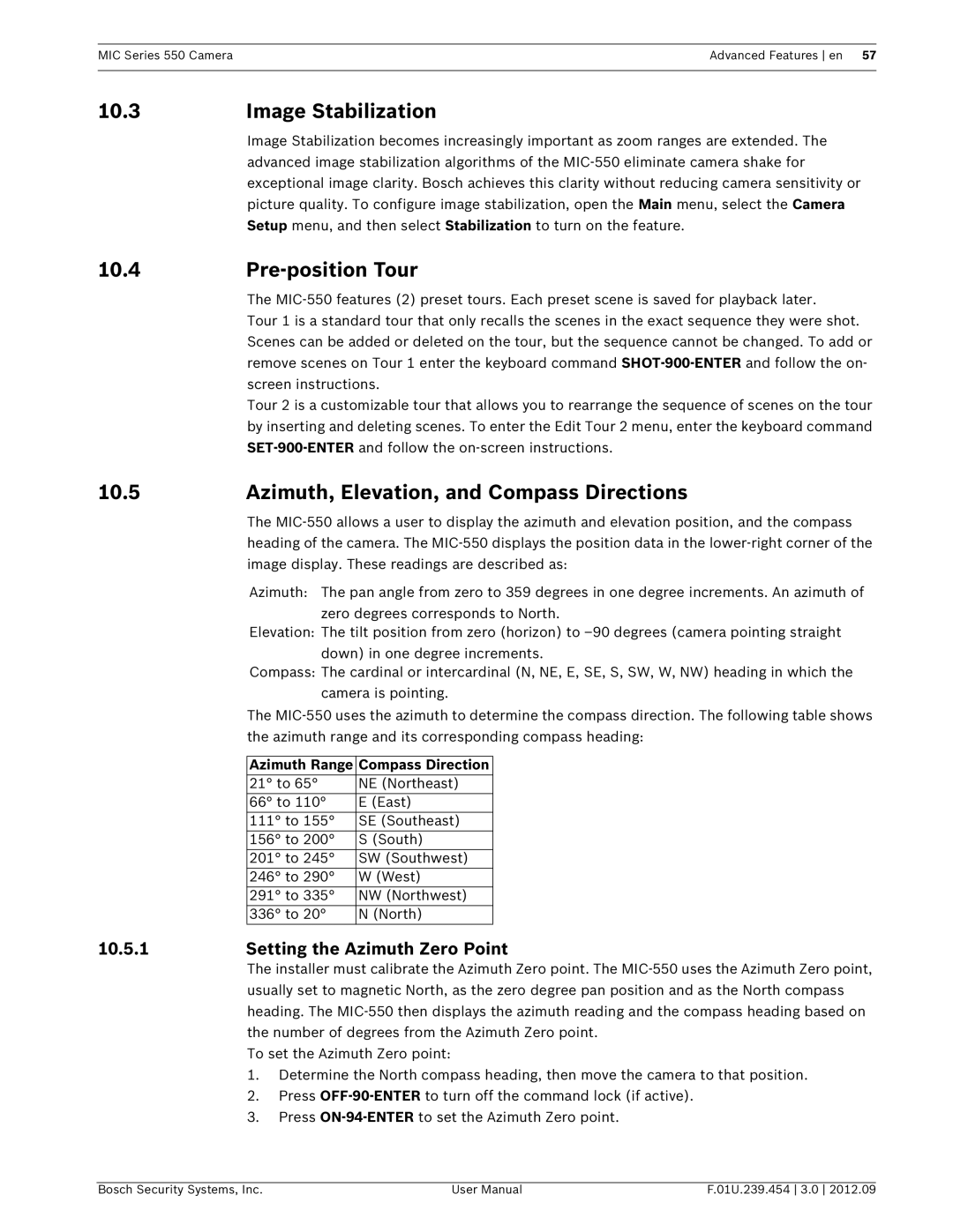 Bosch Appliances 550 user manual Image Stabilization, Pre-position Tour, Azimuth, Elevation, and Compass Directions 