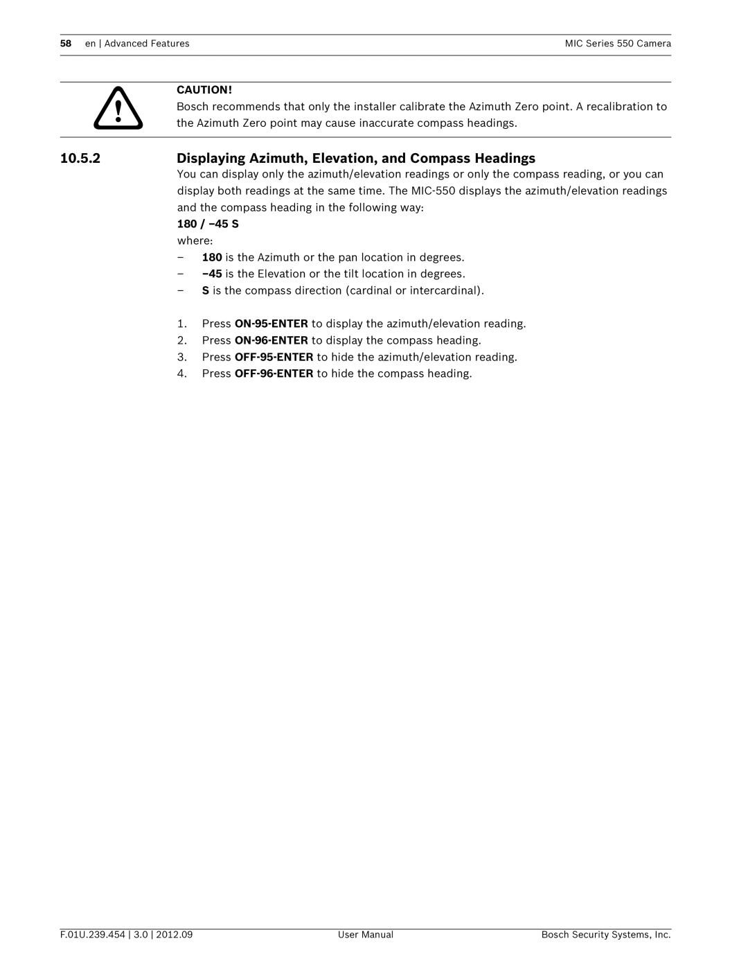 Bosch Appliances 550 user manual Displaying Azimuth, Elevation, and Compass Headings, 180 / -45 S 