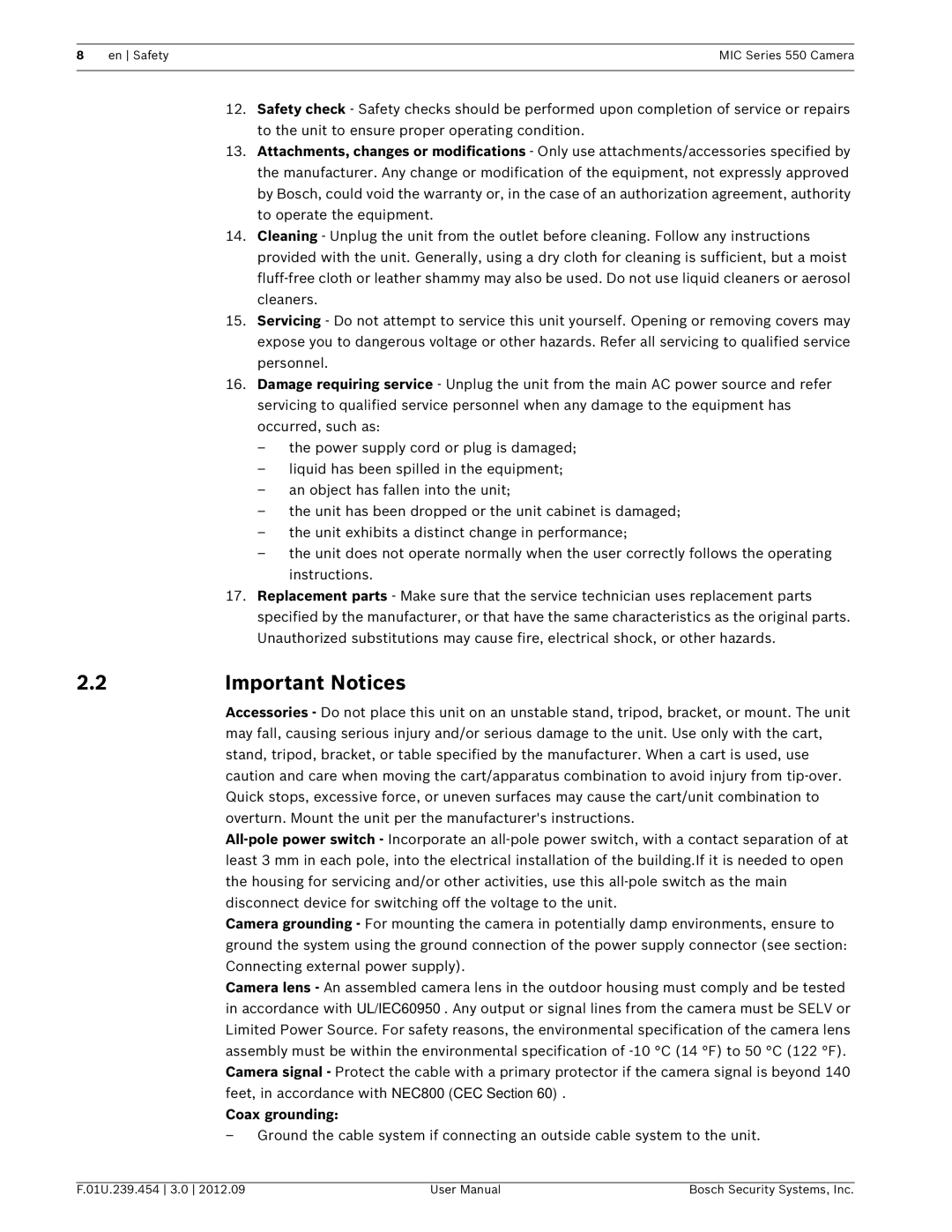 Bosch Appliances 550 user manual 2Important Notices, Coax grounding 