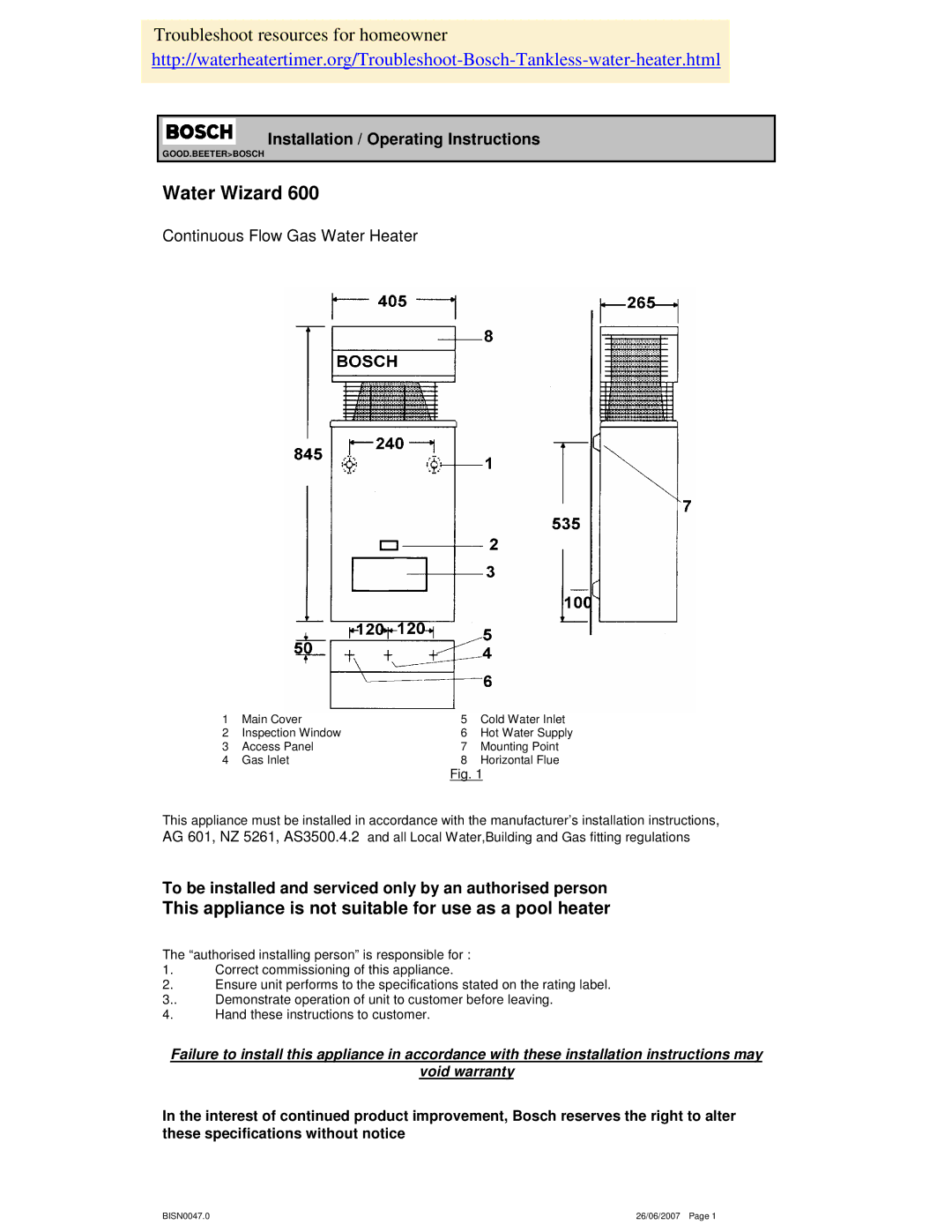 Bosch Appliances 600 operating instructions Installation / Operating Instructions, Continuous Flow Gas Water Heater 