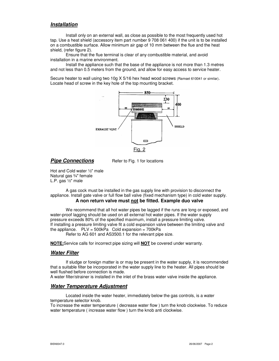 Bosch Appliances 600 operating instructions Installation, Pipe Connections, Water Filter, Water Temperature Adjustment 