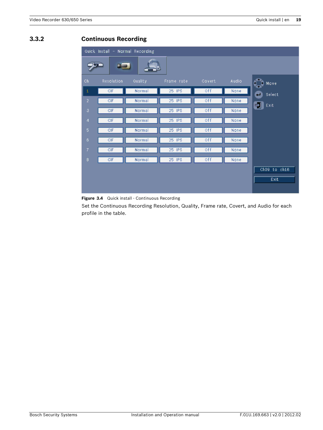 Bosch Appliances 630, 650 operation manual Quick install Continuous Recording 