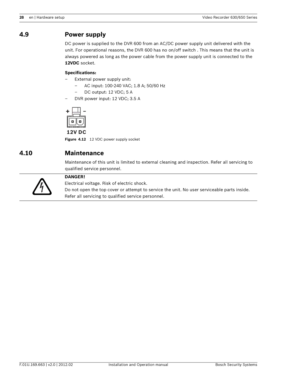 Bosch Appliances 650, 630 operation manual 9Power supply, 10Maintenance 