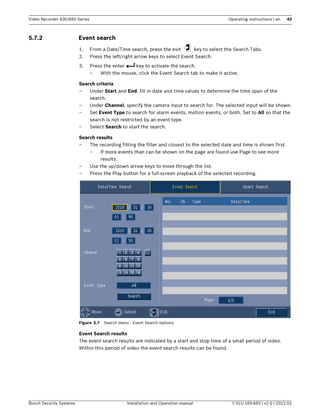 Bosch Appliances 630, 650 operation manual Event search, Search criteria, Event Search results 