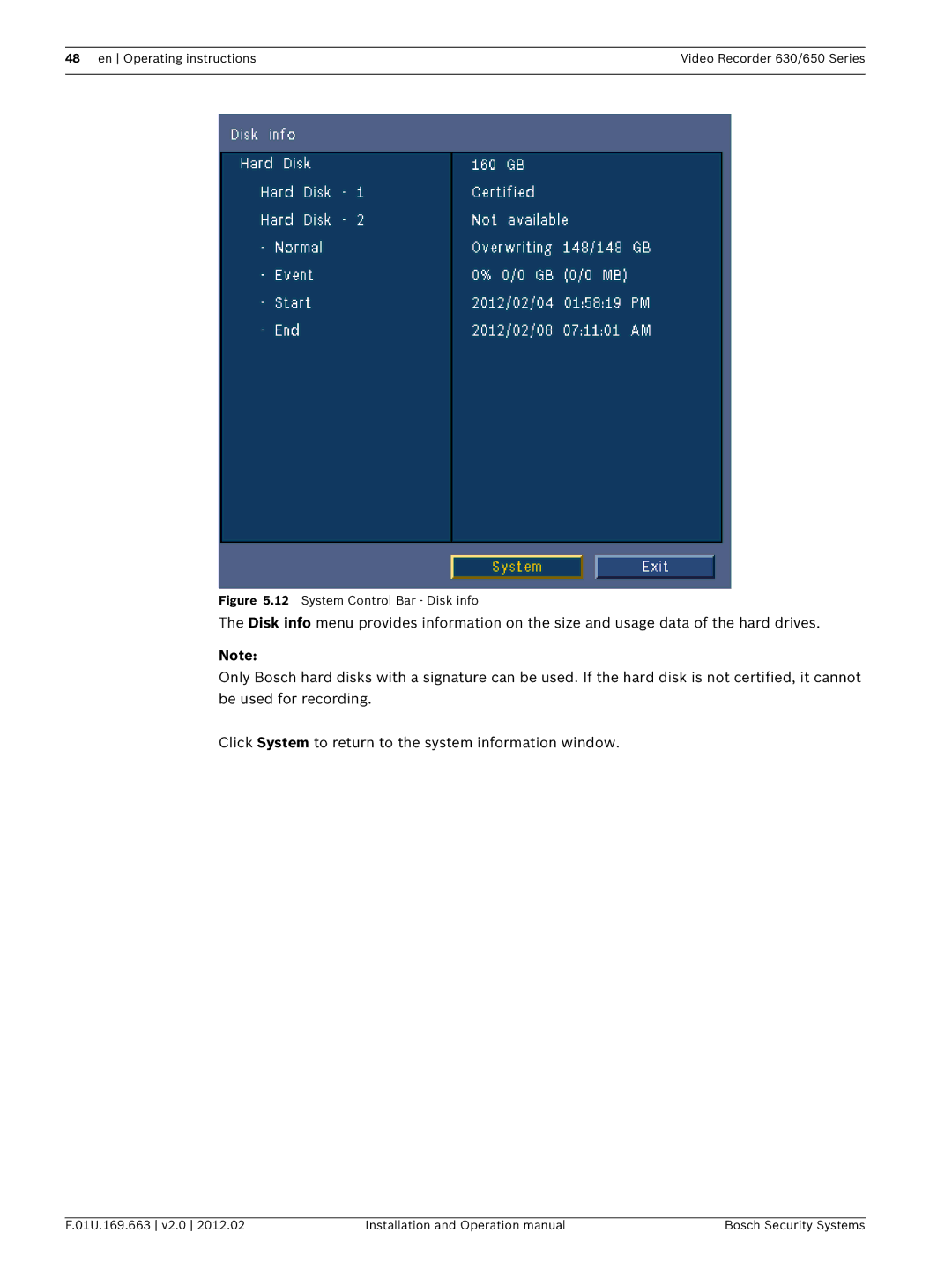 Bosch Appliances 650, 630 operation manual System Control Bar Disk info 