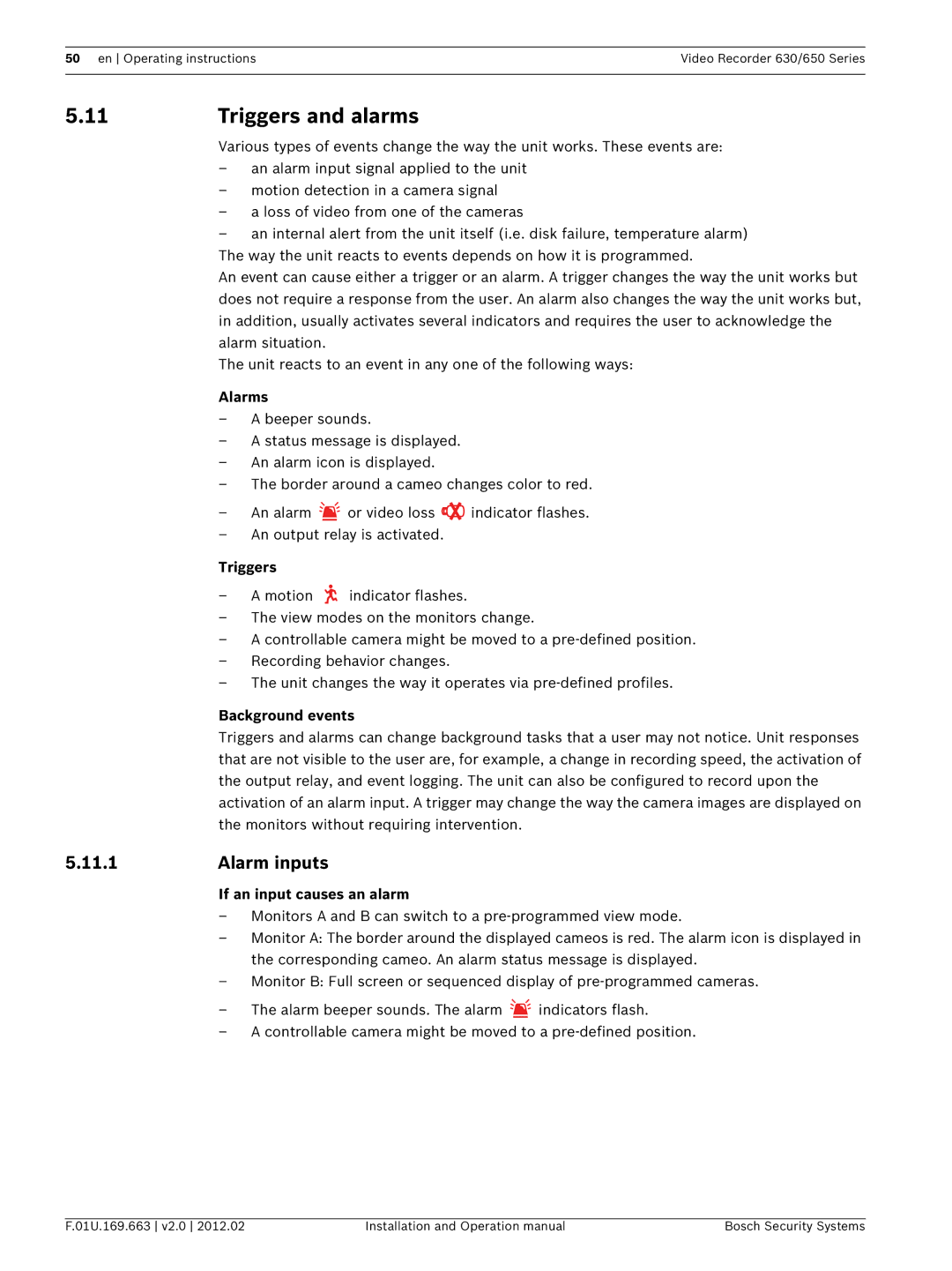 Bosch Appliances 650, 630 operation manual Triggers and alarms, Alarm inputs 