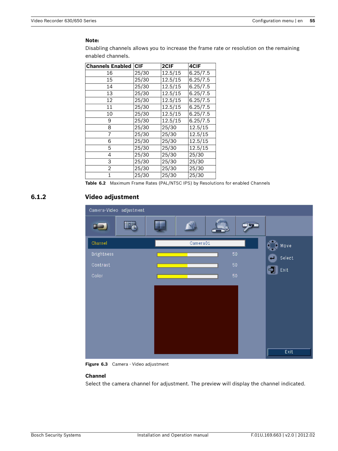 Bosch Appliances 630, 650 operation manual Video adjustment, Channels Enabled 