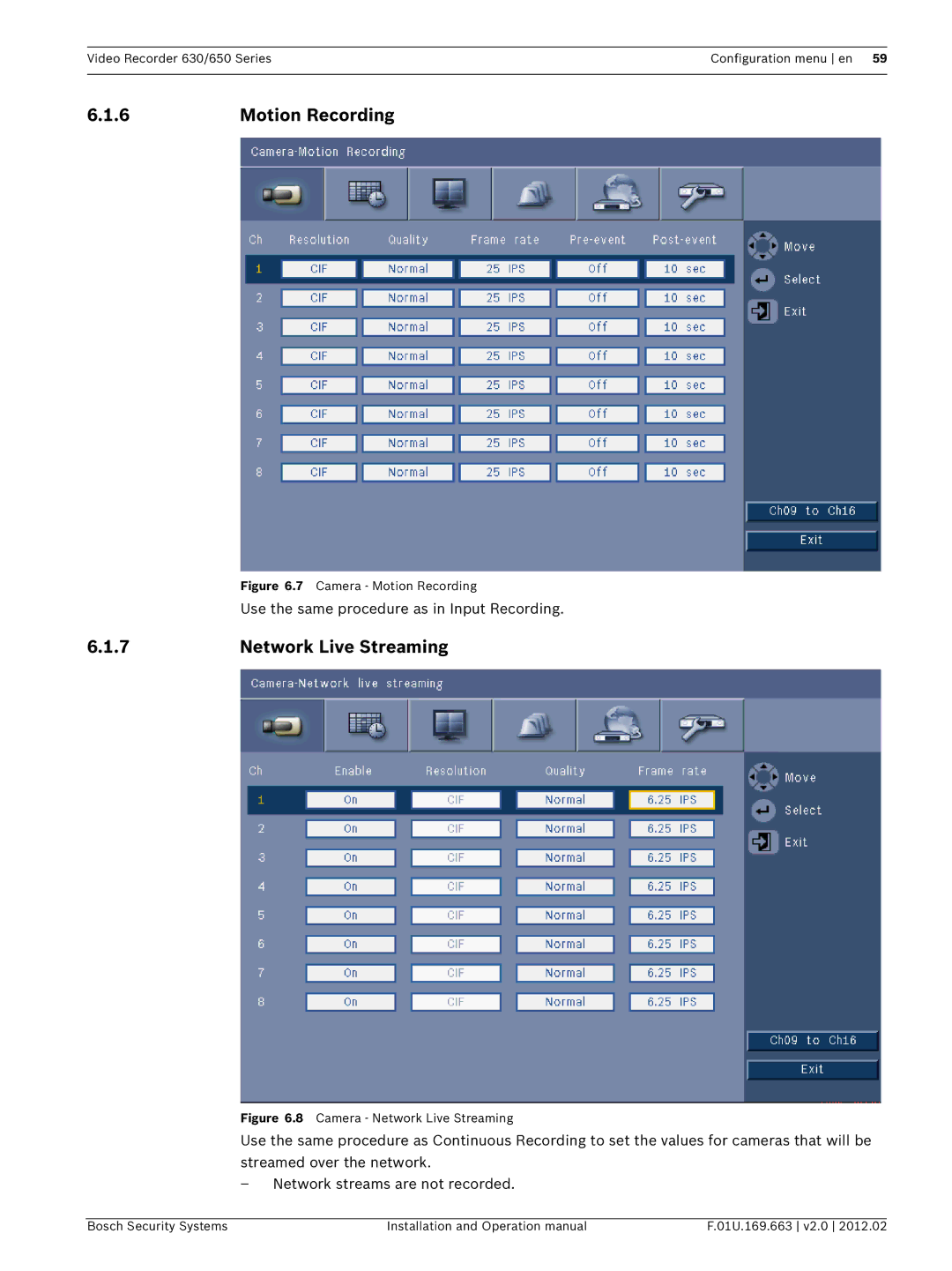 Bosch Appliances 630, 650 operation manual Motion Recording, Network Live Streaming 