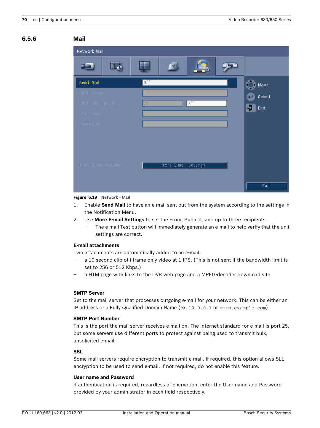 Bosch Appliances 650, 630 operation manual 6Mail, Mail attachments, Smtp Server, Smtp Port Number, User name and Password 