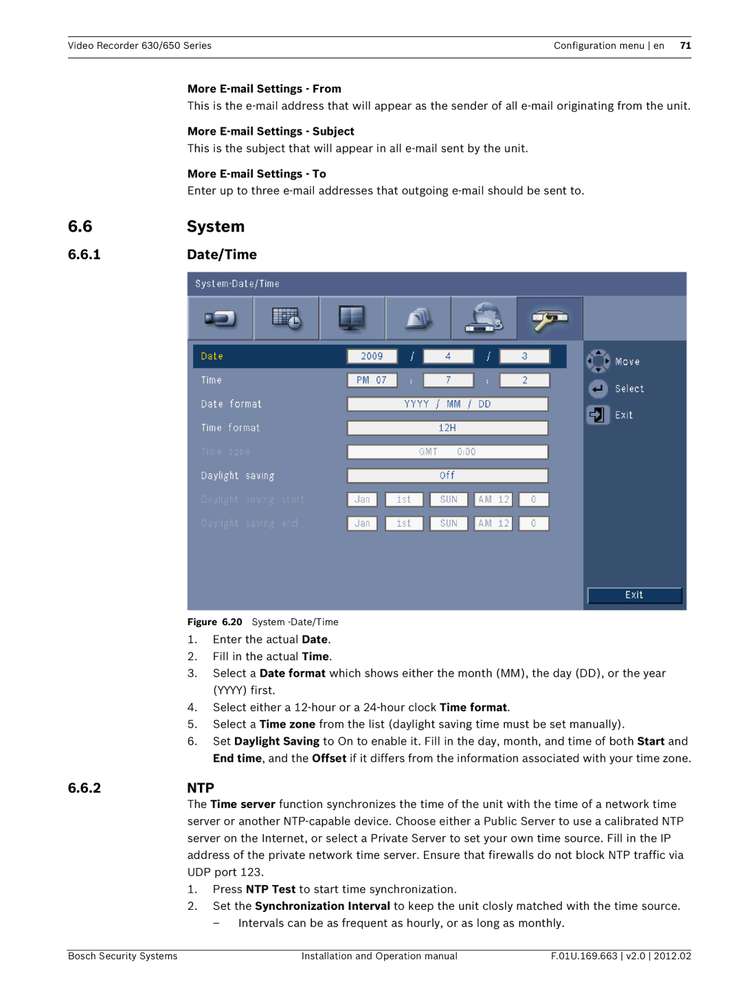 Bosch Appliances 630, 650 operation manual 6System, 1Date/Time, 2NTP 