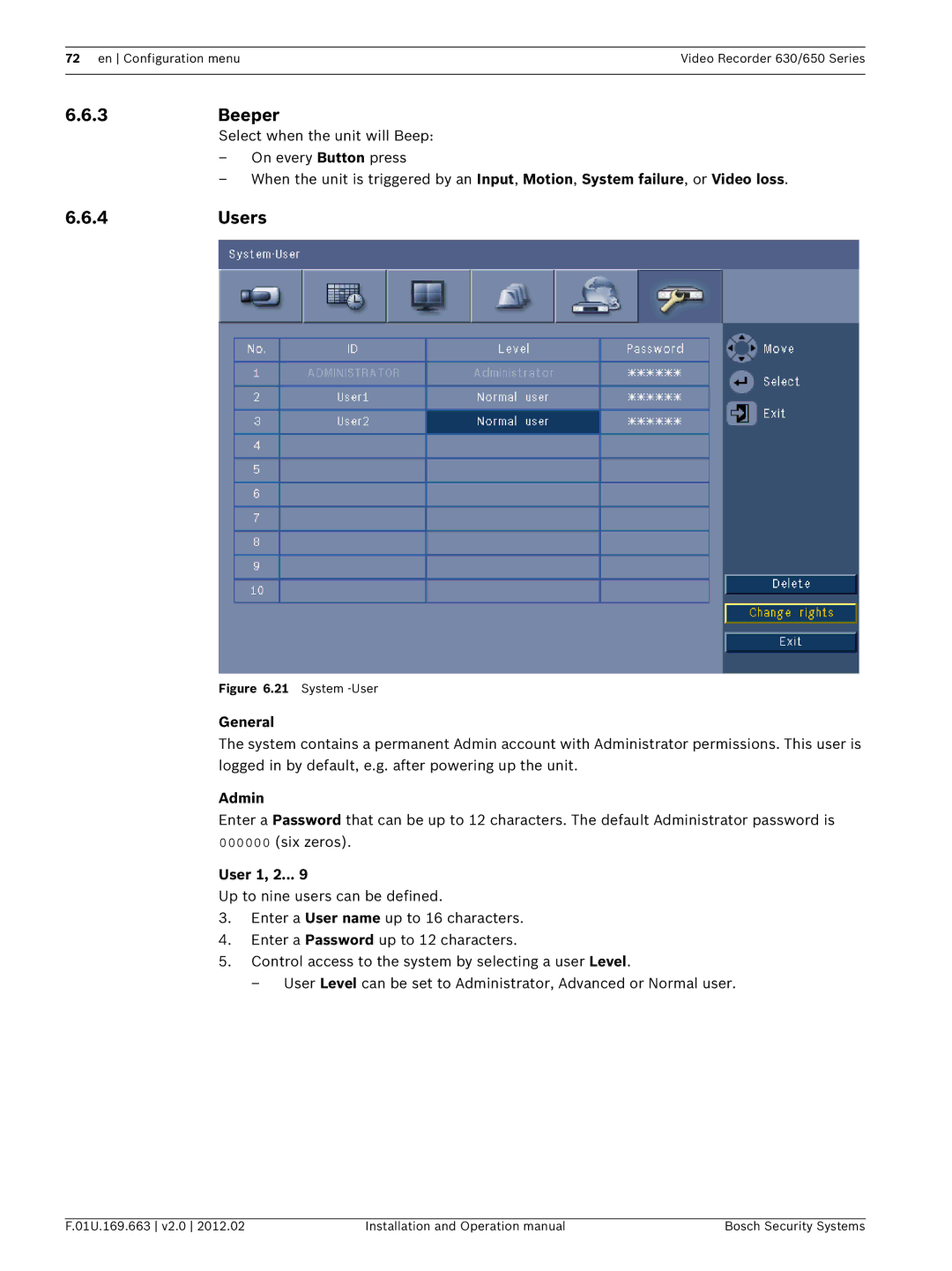 Bosch Appliances 650, 630 operation manual 3Beeper, 4Users, General, Admin, User 1, 2 