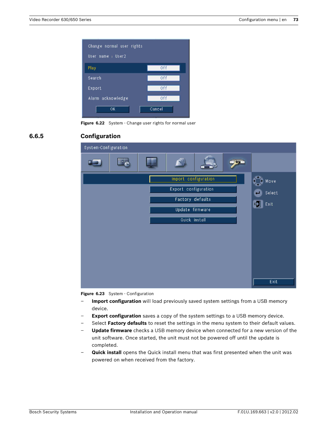 Bosch Appliances 630, 650 operation manual 5Configuration, System Change user rights for normal user 