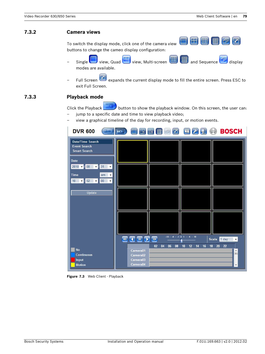 Bosch Appliances 630, 650 operation manual Camera views, Web Client Playback Bosch Security Systems 01U.169.663 v2.0 